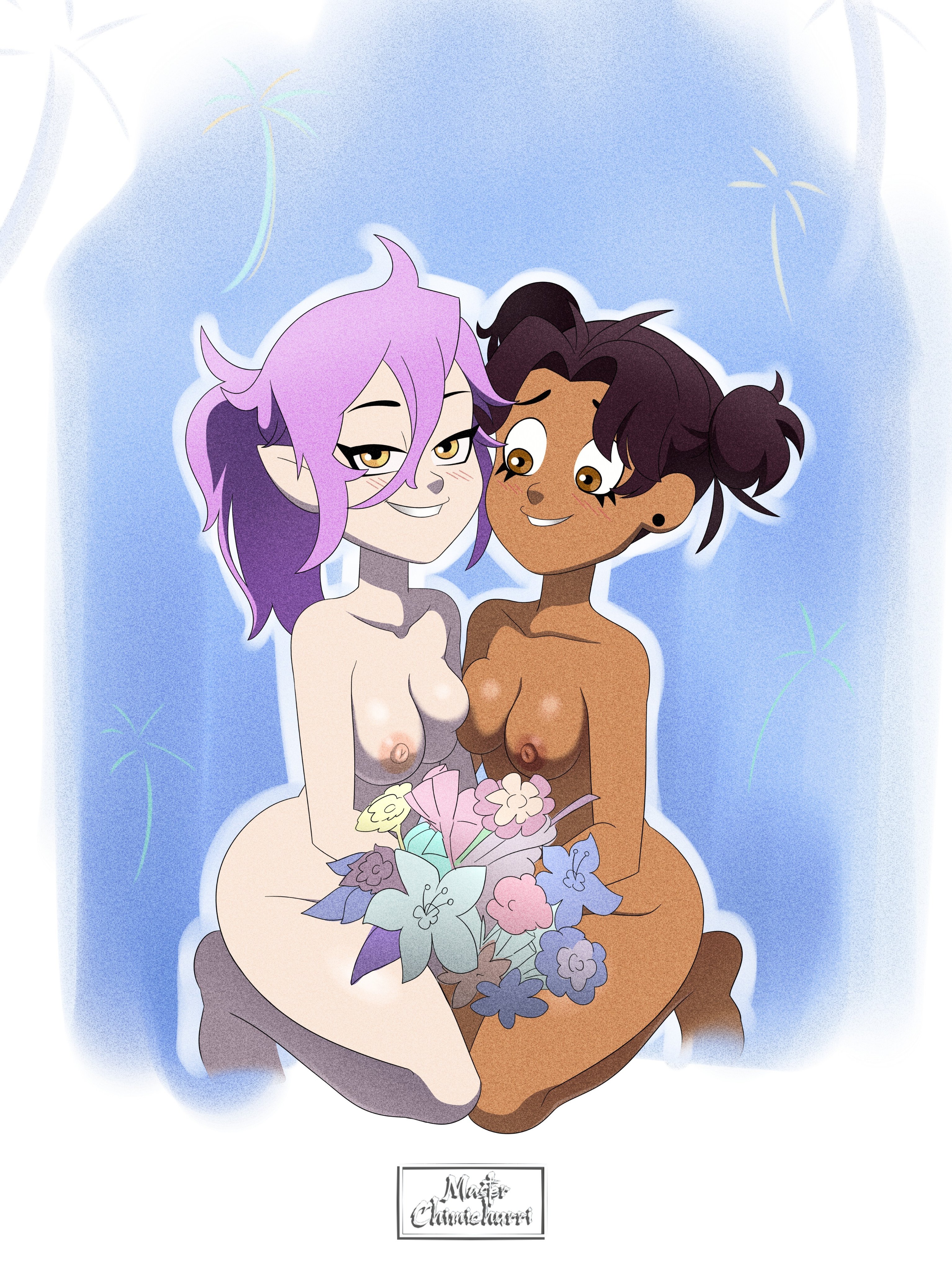2d, 2d (artwork), 2d artwork, 2girls, amity blight, barefoot, breasts, brown eyes, brown hair, brown hair female, canon, canon couple, canon lesbian, cartoon, dark brown hair, dark skin, dark-skinned female, disney, disney channel, duo, feet, female, female only, flowers, kneeling, light skin, light-skinned female, looking at viewer, luz noceda, master chimichurri, multiple girls, nipples, nude, nude female, on knees, purple hair, purple hair female, the owl house, the owl house (finale), the owl house (novel), the owl house the long lived king, two-tone hair, yellow eyes, yuri