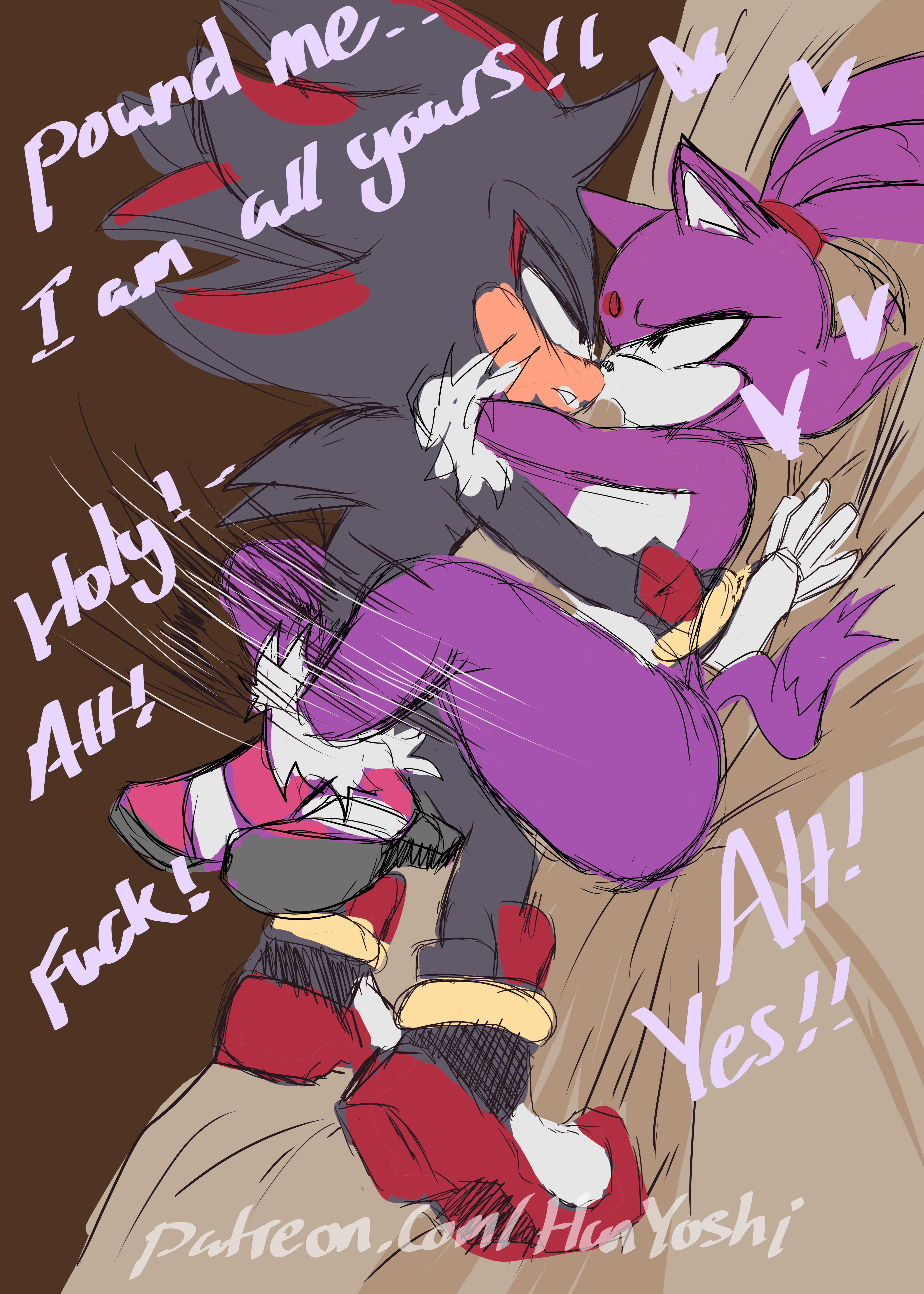 1boy, 1girls, 2026, 2d, 2d (artwork), absurd res, absurdres, anthro, anthro female, anthro male, anthro on anthro, artist upload, bed, bed sheet, bedroom, bedroom sex, black body, black eyes, black fur, black hair, black nose, blaze the cat, cat, cat girl, colored, colored sketch, dialogue, duo, eulipotyphlan, eyelashes, eyes half open, eyes rolling back, feline, female, footwear, furry, furry breasts, furry ears, furry female, furry male, furry only, furry tail, gold bracelets, hands around neck, handwear, handwear and footwear only, hearts, hedgehog, hedgehog boy, high heels, inhibitor ring, interspecies, leg grab, leg lock, legs, legs lock, legs spread, legs up, long tail, male, male/female, mammal, missionary, missionary pose, missionary position, missionary sex, moaning, moaning in pleasure, mobian (species), mobian cat, mobian hedgehog, patreon, patreon link, patreon username, pounding, pounding pussy, purple body, purple fur, purple hair, purple skin, quills, red stripes, sega, shadow, shadow the hedgehog, shoes, simple background, sonic (series), sonic the hedgehog (archie), sonic the hedgehog (comics), sonic the hedgehog (idw), sonic the hedgehog (series), straight, straight sex, tail, tan-skinned female, text, url, white-skinned female, yoshihan