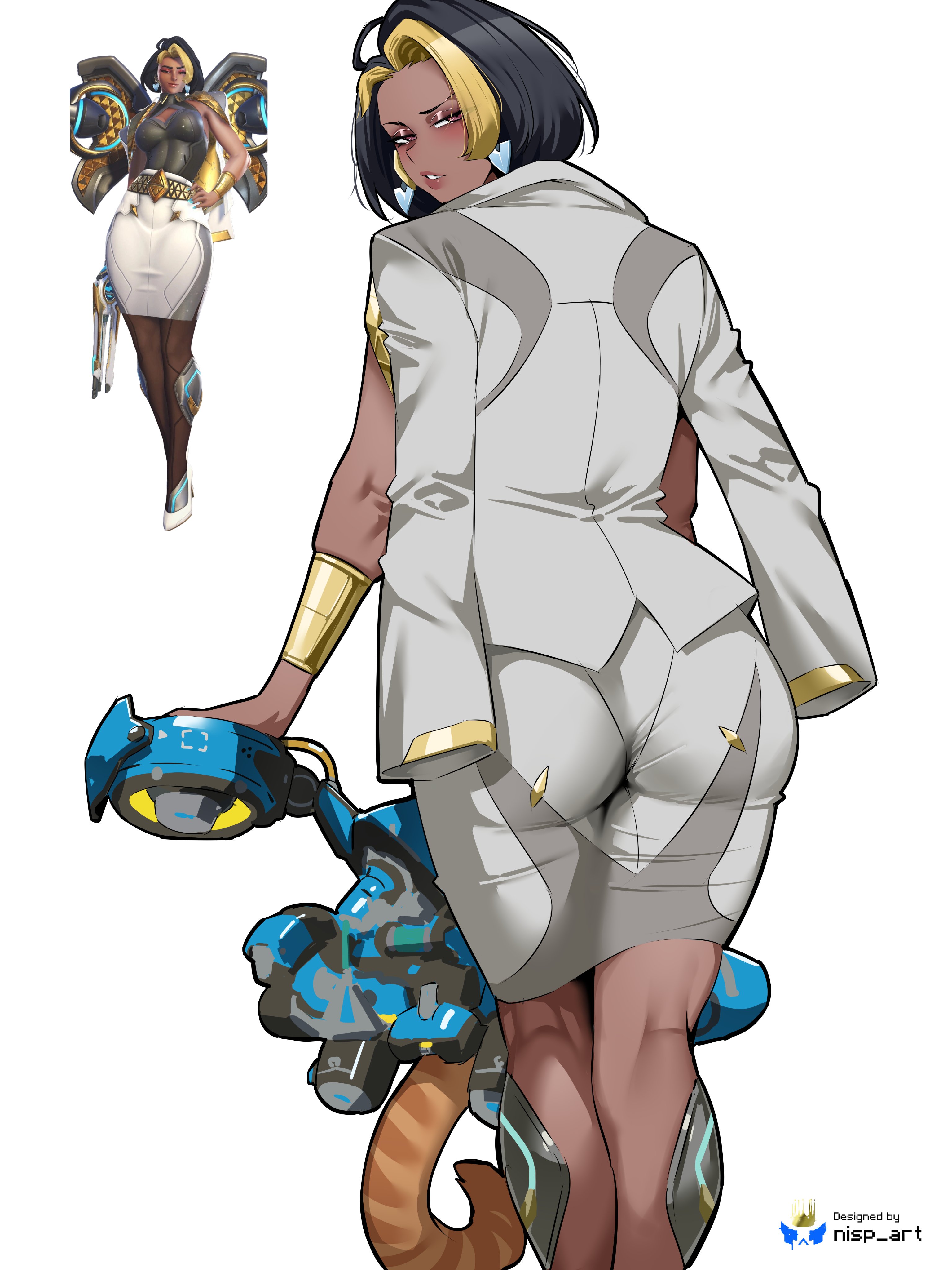 1girls, ass, dark skin, dark-skinned female, domina, female, female focus, female only, hi res, looking at viewer, mature female, nisp art, overwatch, solo, thick thighs, thighhighs, thighs, wide hips
