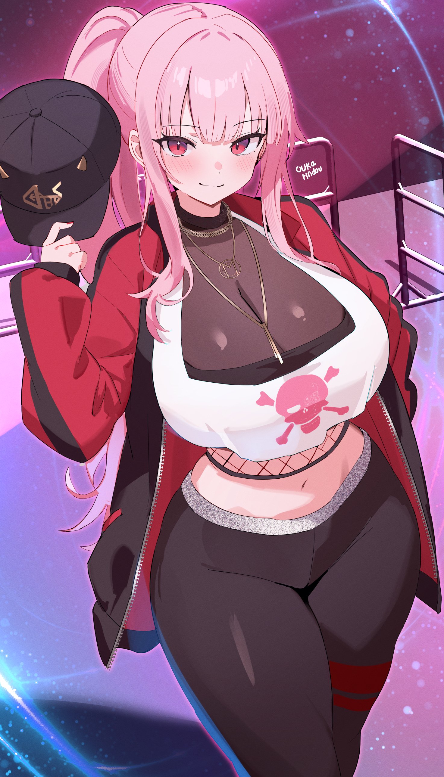 1girls, bangs, big breasts, black pants, blush, breasts, choker, cleavage, closed mouth, crop top, eyebrows visible through hair, female, female only, hat, hat removed, headwear removed, heart, hololive, hololive english, jacket, jewelry, large breasts, long hair, looking at viewer, midriff, mori calliope, mori calliope (streetwear), navel, necklace, open clothes, open jacket, pants, pink hair, sidelocks, smile, solo, tagme, virtual youtuber