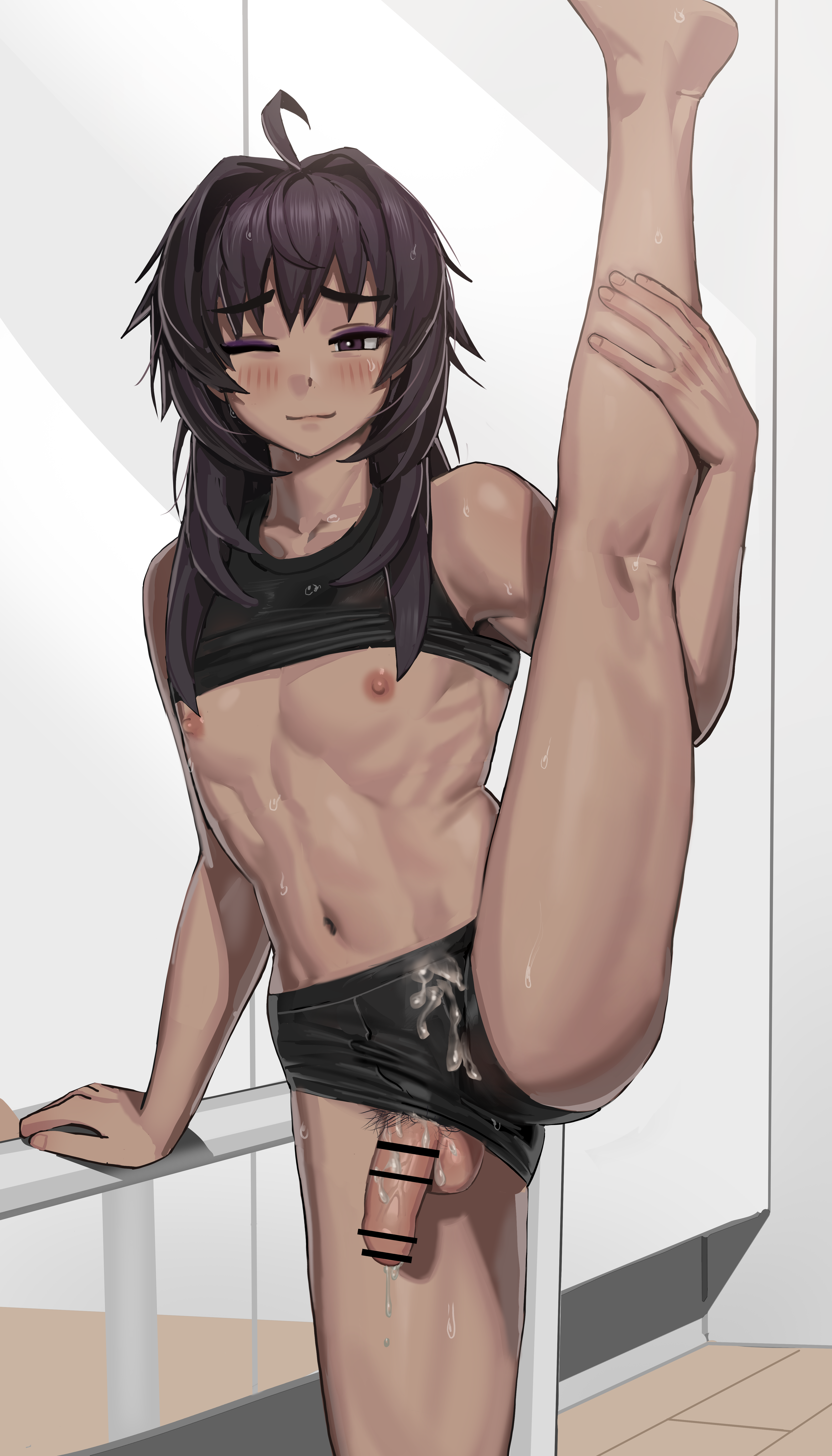 1boy, balls, censor bar, censored, censored penis, cum, cum on clothes, cum through clothes, dark skin, dark-skinned femboy, dark-skinned male, femboy, flaccid, forest, genitals, gym, gym clothes, gym uniform, hanging penis, leg up, male, male only, otoko no ko, penis, pubes, shorts, small penis, solo, solo male, sports bra, sportswear, stretching, trap, twink, twunk, waia (pappe76024), yoga