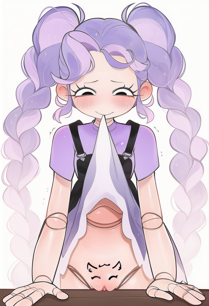 1girls braid braided_hair do_you_want_to_pet_my_cat_(meme) doll doll_joints frogonice lifted_by_self lily_lovebraids meme poppy_playtime poppy_playtime_(chapter_5) purple_hair pussy skirt_lift table