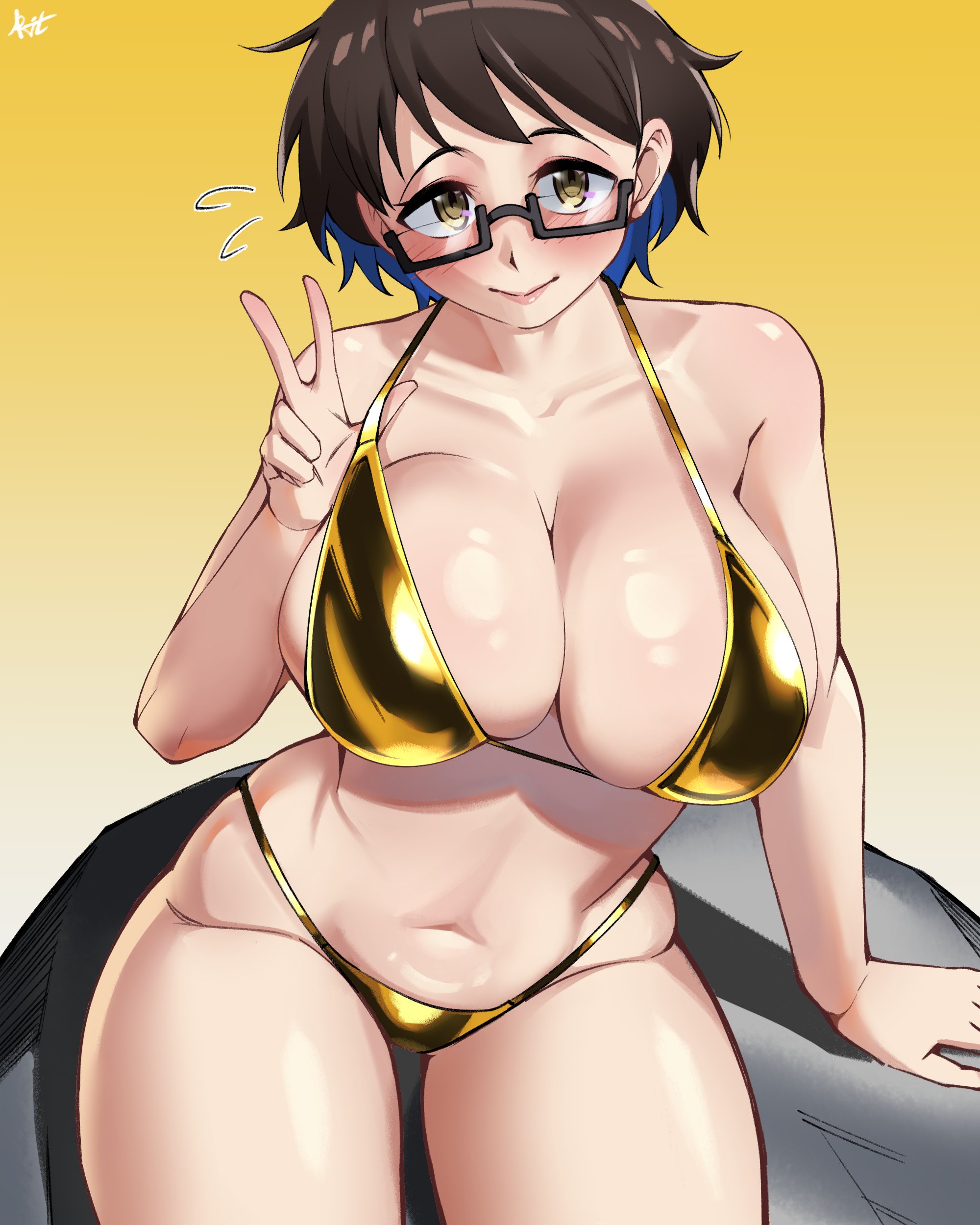 1girls, bangs, big breasts, bikini, blush, breasts, brown eyes, brown hair, clarkekitsp, cleavage, female, female only, flying sweatdrops, freckles, glasses, gold bikini, golden bikini, imari youko, large breasts, looking at viewer, navel, ruri no houseki, short hair, smile, solo, stomach, swimsuit, v, yellow background, yellow bikini