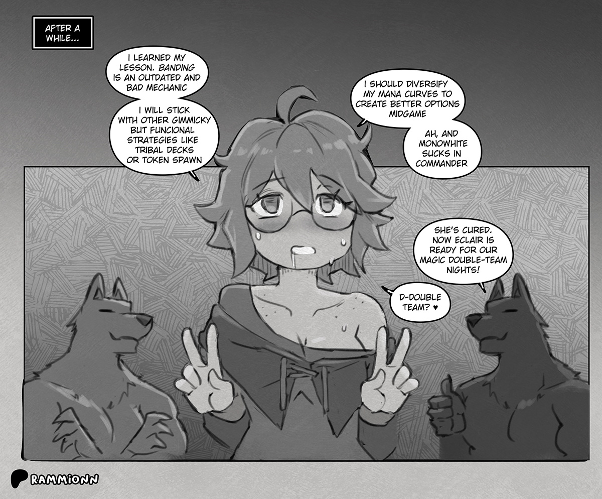 1girls, 2026, 2boys, 2d, 5 fingers, after sex, ahoge, anthro, anthro dominating human, big breasts, blush, bodily fluids, breasts, brother (lore), brothers (lore), canid, canine, canine on human, canis, cleavage, cloak, clothed, clothing, crossed arms, cum, cum from mouth, cum in mouth, cum inside, dead eyes, dialogue, double v sign, drooling, eclair (spicymancer), english text, eyewear, female, fingers, furry, furry male, furry on human, genital fluids, gesture, glasses, greyscale, hair, hand gesture, heart symbol, human, human female, humanoid hands, implied sex, interspecies, looking up, magic the gathering, male, male anthro/female human, mammal, messy, monochrome, nerd, nerdy female, nude, rammionn, saliva, sibling (lore), speech bubble, spicymancer, sweat, text, text bubble, thumbs up, v sign, wizards of the coast, wolf
