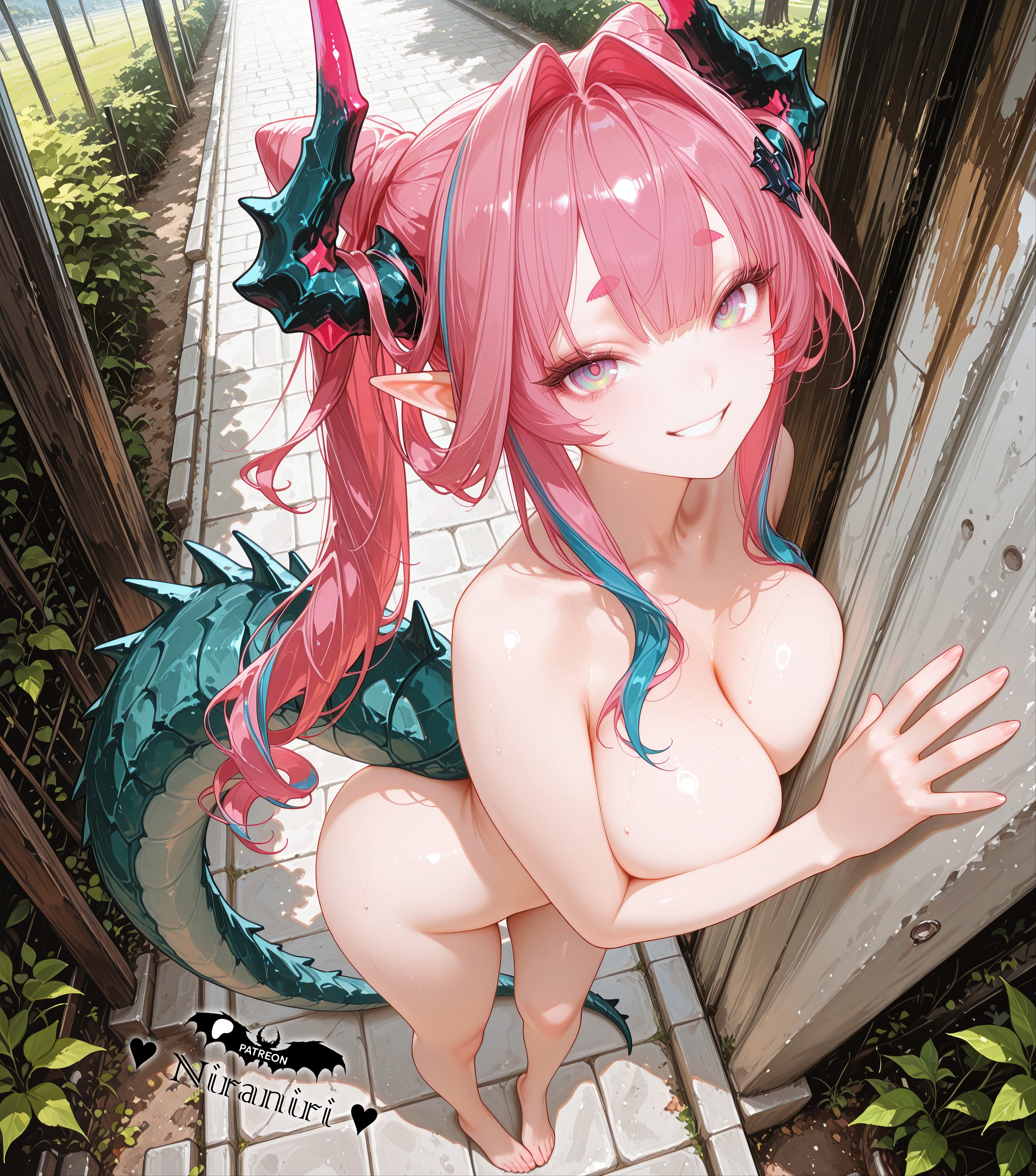absurdres, ai generated, aqua hair, arknights, arknights: endfield, bangs, barefoot, blue hair, blush, breast press, breasts, cleavage, collarbone, completely nude, day, dragon girl, dragon horns, dragon tail, eyelashes, feet, female, fingernails, from above, full body, gradient eyes, green horns, grin, hair bun, hair intakes, hair ornament, highres, horns, indoors, large breasts, legs, long hair, looking at viewer, monster girl, multicolored eyes, multicolored hair, multicolored horns, niraniri, nude, outdoors, pink eyes, pink hair, pink horns, pointy ears, short eyebrows, sidelocks, smile, solo, solo female, standing, streaked hair, sweat, tail, teeth, thick eyebrows, thighs, toenails, toes, twintails, two-tone hair, yvonne (arknights: endfield)