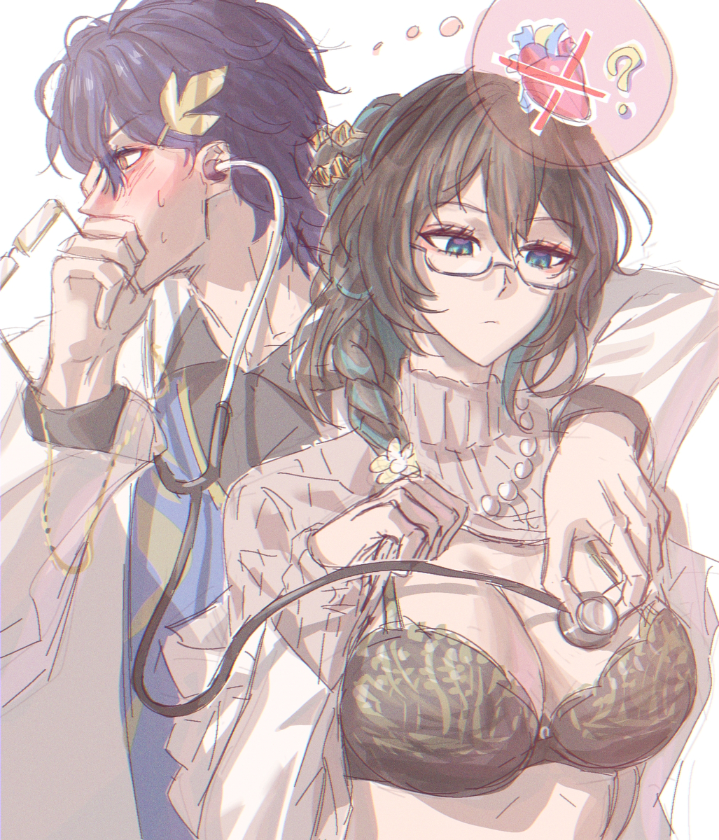 1girls, bead necklace, blue eyes, blush, bra, braided hair, dr. ratio (honkai: star rail), flower in hair, glasses, gnarlypzofbread, heart, honkai (series), honkai: star rail, hoyoverse, lingerie bra, looking away, looking down, purple hair, question mark, ruan mei (honkai: star rail), shirt lift, stethoscope, stethoscope to breast, two tone hair