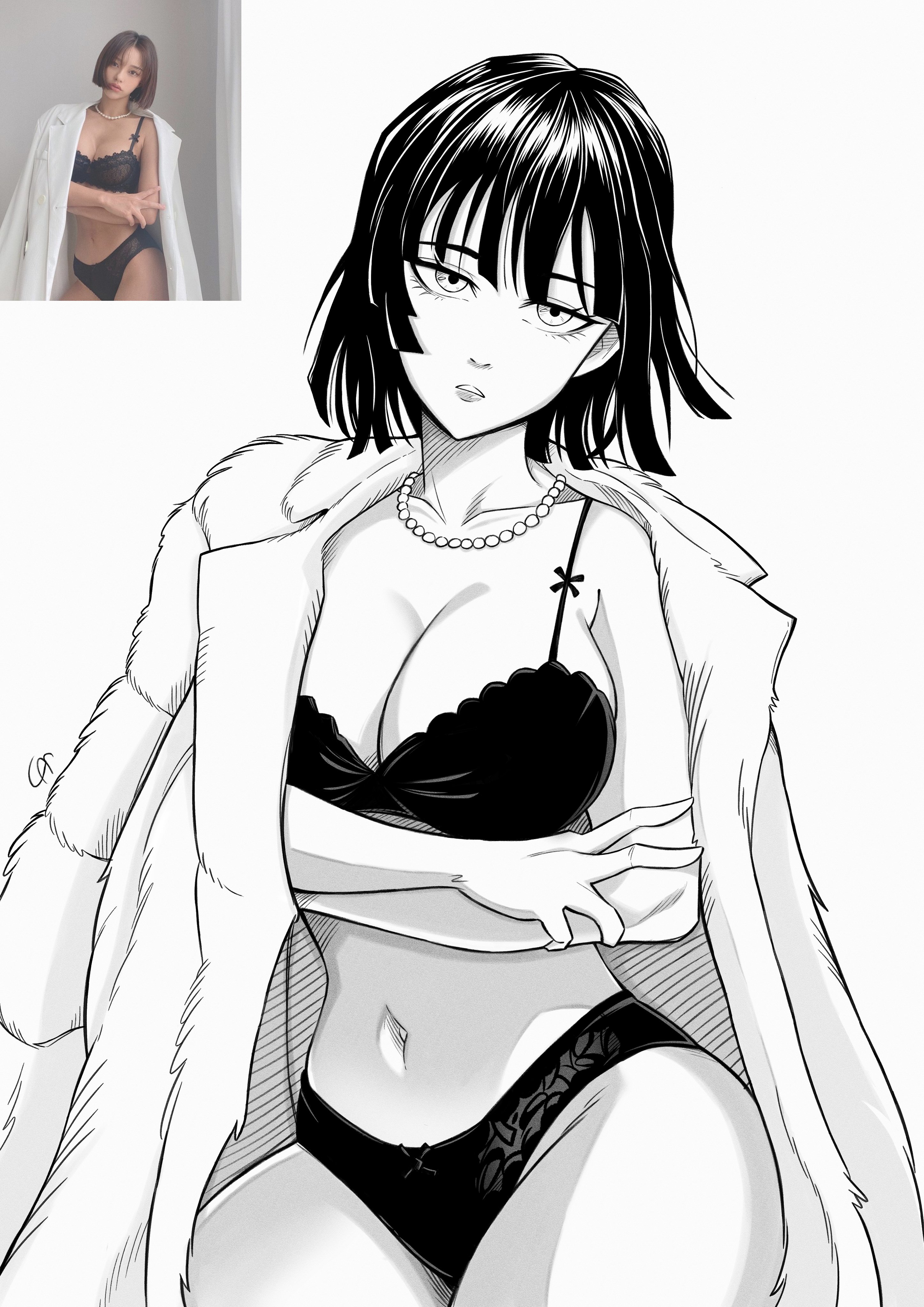 1girls, 2026, 2d, 2d (artwork), artist signature, bangs, big breasts, black and white, black hair, blush, bra, breasts, cleavage, coat, collarbone, cosplay, crossed arms, csr ap07, female, female only, fubuki (one-punch man), fubuki (one-punch man) (cosplay), fur coat, greyscale, human, human only, jacket on shoulders, jewelry, large breasts, light skin, light-skinned female, lingerie, looking at viewer, monochrome, navel, necklace, one-punch man, panties, questionable, real person, reference image, reference inset, short hair, simple background, solo, solo female, underwear, white background