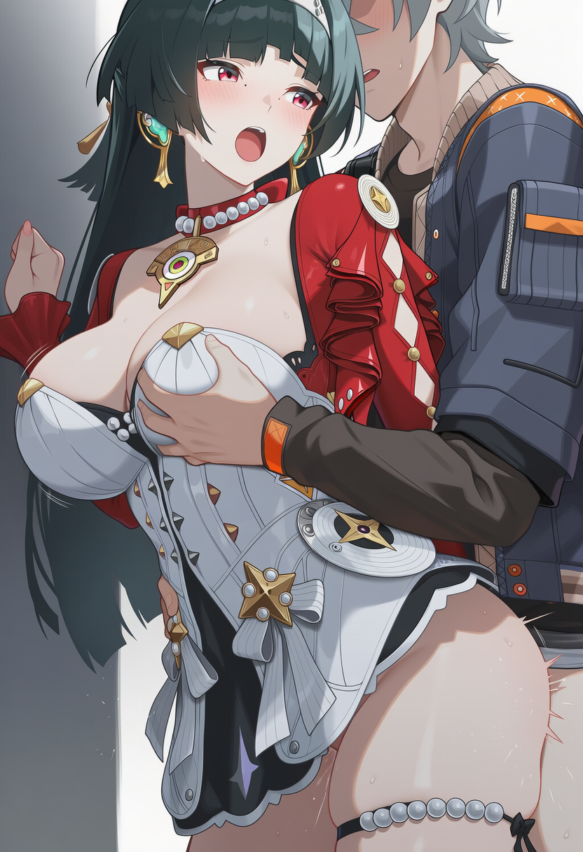 1boy, 1girls, ai generated, astra yao, big ass, big breasts, big butt, big thighs, black hair, blush, blushing female, female, grabbing another's breast, grabbing breasts, grey hair, hoyoverse, light skin, light-skinned male, long hair, looking at partner, looking back, lunealter, male, male/female, mature, mature female, mature male, mihoyo, moaning, multicolored eyes, pale skin, pale-skinned female, pants down, penetration, sex, sex from behind, short hair, thick ass, thick butt, thick hips, thick legs, thick thighs, wise (zenless zone zero), zenless zone zero