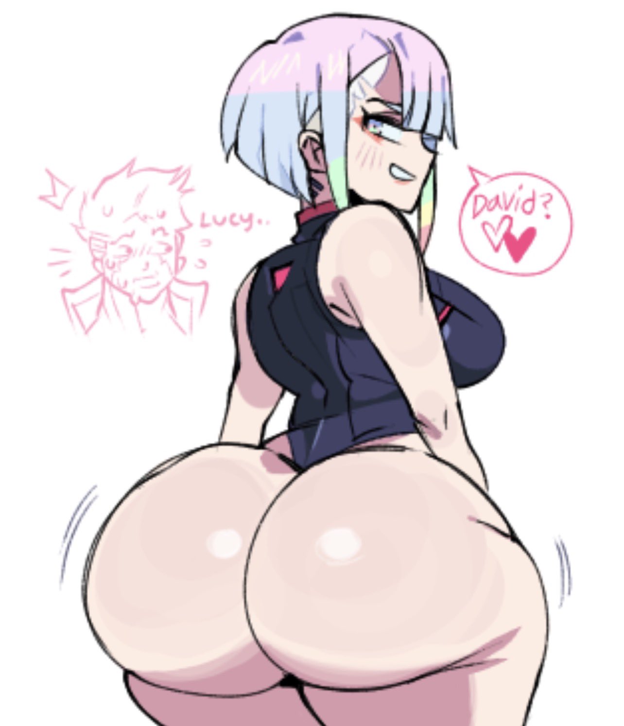 1girls, ass, ass focus, big ass, big breasts, blue eyes, breasts, cyberpunk: edgerunners, david martinez (edgerunners), female, female only, from behind, heart, huge ass, huge breasts, jiggling ass, large breasts, looking back, lucyna kushinada, mstreetsamurai, short hair, smile, tagme, thick thighs, wide hips