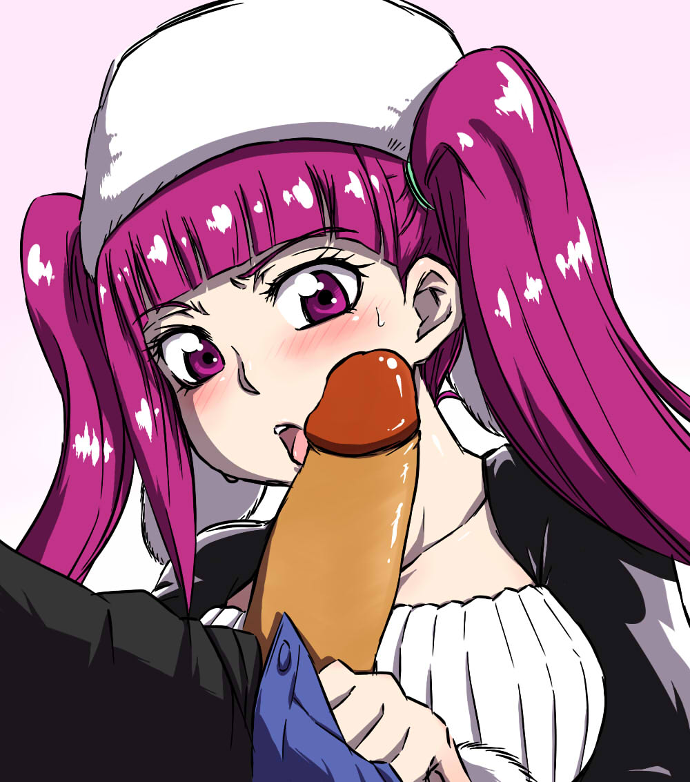 1boy 1girls bleach blush dokugamine_riruka female fullbringer hanyapunifu hat long_hair male open_mouth penis penis_awe purple_eyes purple_hair solo_focus tied_hair twintails uncensored