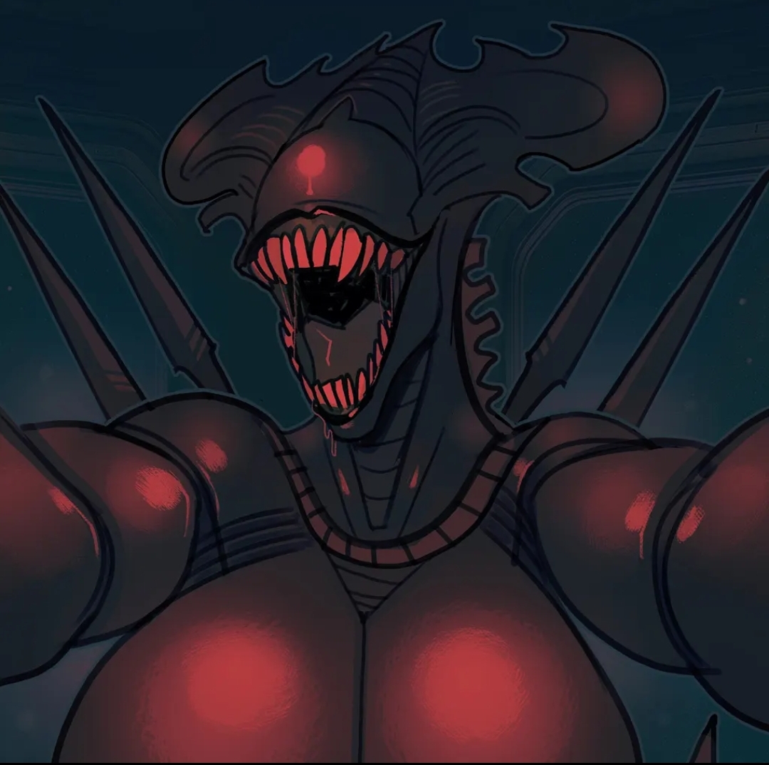 1girls, 2d, 2d (artwork), alien, alien (franchise), alien girl, alien only, big breasts, biomechanical, black lips, black skin, breasts, digital drawing (artwork), digital media (artwork), drawing, eyeless female, fangs, female, female only, female xenomorph, hug invitation, looking at the viewer, mister feelgood, only female, saliva, sharp teeth, simple background, smile, smiling at viewer, solo, solo female, toothy grin, wide smile, xenomorph, xenomorph queen