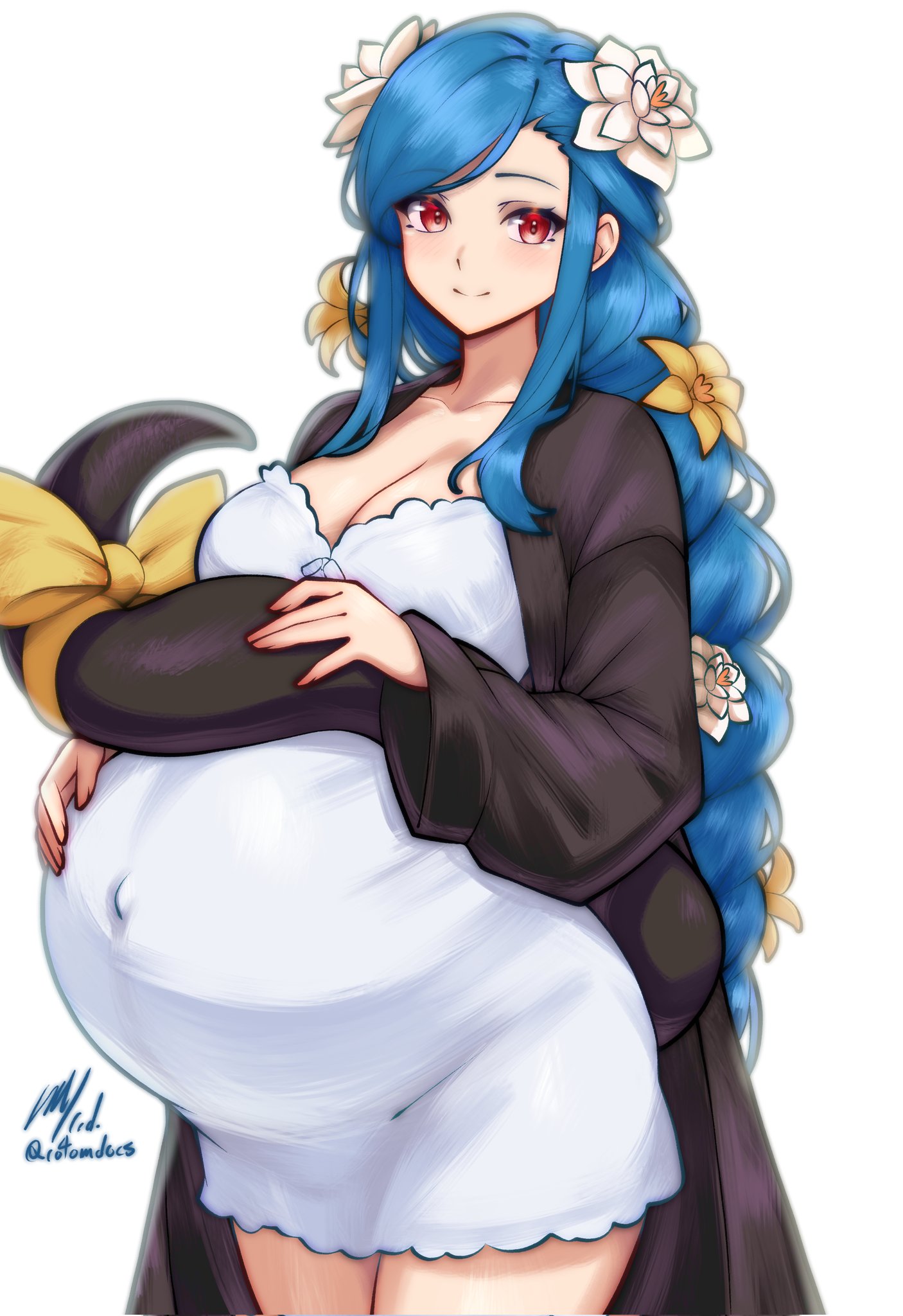 1girls, blue hair, braid, braided hair, cleavage, dizzy (guilty gear), dress, female, female only, flower in hair, fully clothed, guilty gear, guilty gear strive, maternity clothes, maternity dress, mature female, medium breasts, milf, pregnant, queen dizzy, ready to pop, red eyes, rotomdocs, single braid, smile, solo, tail, very long hair, wholesome