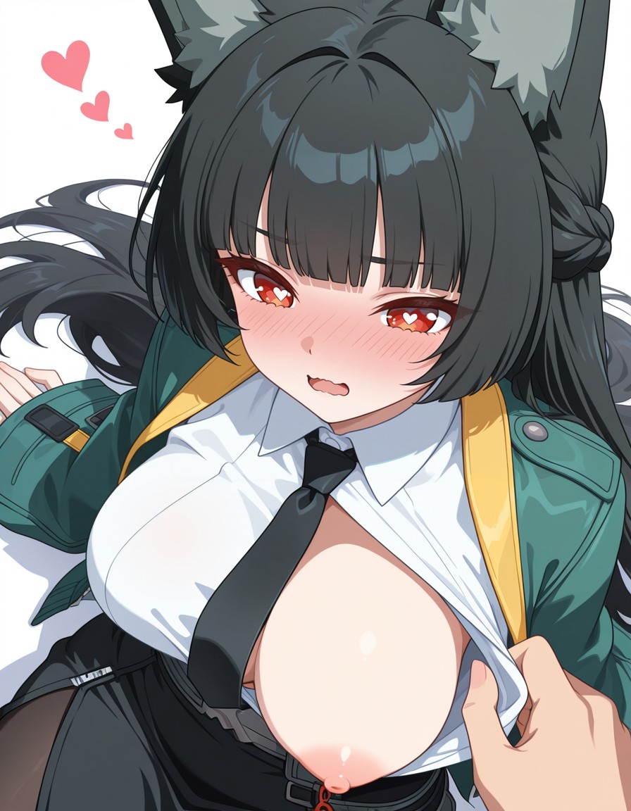 :o, 1boy, 1girls, ai generated, alternate breast size (larger), animal ear fluff, animal ears, bangs, belt, black hair, black necktie, black skirt, blunt bangs, blush, braid, breasts, brown pantyhose, chinese commentary, clothes pull, collared shirt, commentary request, english commentary, eyebrows visible through hair, fangs, female, fingernails, forehead, fox ears, fox girl, from above, green jacket, green sleeves, hair ribbon, heart, heart-shaped pupils, hoshimi miyabi, jacket, japanese commentary, kuroyaex, large breasts, long hair, long sleeves, mixed-language commentary, necktie, nipples, no bra, nose blush, one breast out, open clothes, open jacket, open mouth, pantyhose, parted bangs, red eyes, ribbon, shadow, shirt, shirt pull, shy, simple background, sitting, skin fangs, skirt, sleeves past wrists, solo focus, spoken heart, symbol-shaped pupils, tress ribbon, wavy mouth, white background, white shirt, zenless zone zero