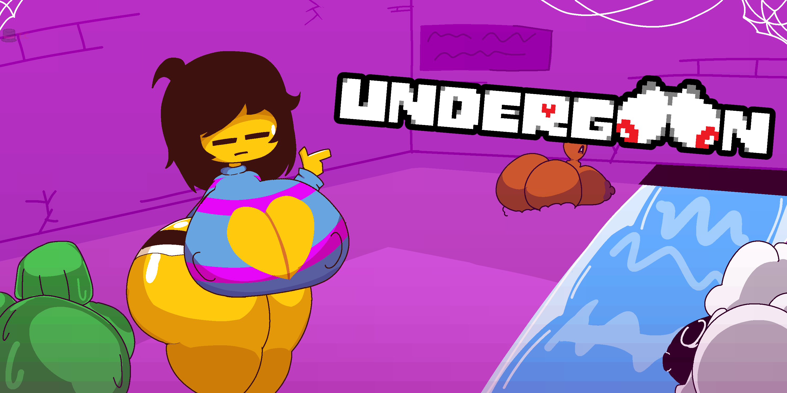 4girls, areolae, big ass, big breasts, big thighs, boob window, breasts, carrot, female frisk, frisk, frisk (undertale), frisky (undergoon), frog girl, frog monster, froggit, heart boob window, luculentloiter, mob face, moldsmal, nipple bulge, shorts, slime girl, slime monster, tagme, thighs, undergoon, undertale, undertale (series), vegetoid
