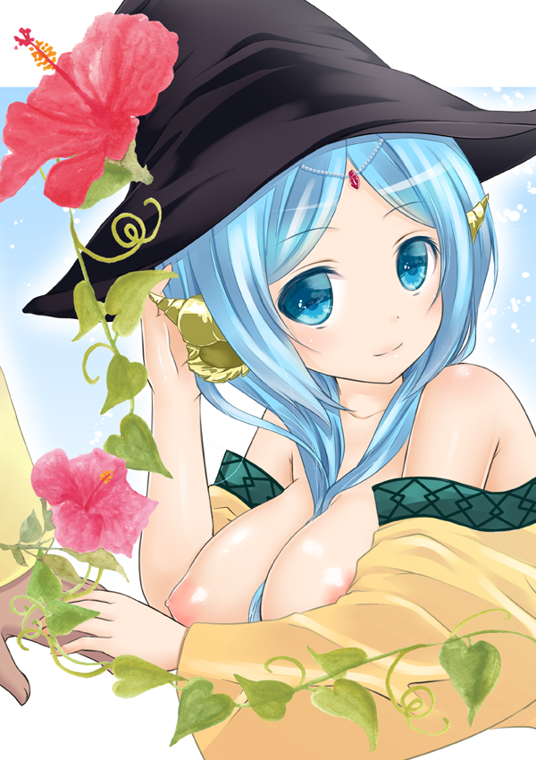 baraichigo bare_shoulders blue_eyes blue_hair breasts bust dark_skin female flower hair_between_breasts hat head_out_of_frame hibiscus jewelry large_breasts light_smile magi:_the_labyrinth_of_magic nipples no_bra off_shoulder sharrkan shiny shiny_skin smile witch_hat yamuraiha