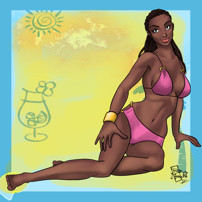 beach brown_hair brown_skin cleavage dark-skinned_female dark_skin donni dreadlocks hairlocs hips looking_at_viewer pose sand sideboob small_waist source_request sun thick_hips wide_hips