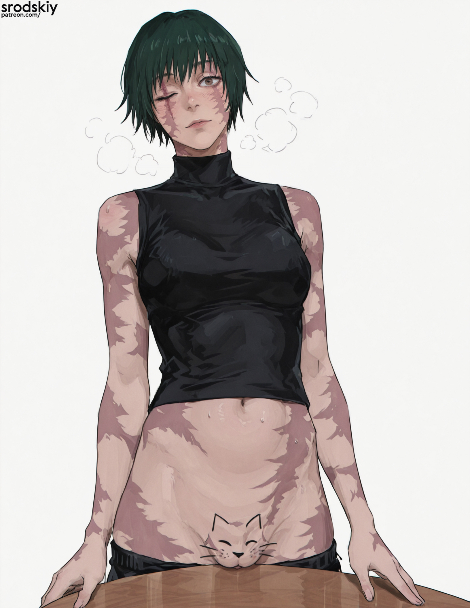 1girls, against table, ai generated, athletic, athletic female, big breasts, do you want to pet my cat (meme), female, female only, green hair, hentai, high quality, high resolution, highres, jujutsu kaisen, maki zenin, masturbation, meme, muscular, muscular female, pussy, scar, sexy, short hair, srodskiy, tagme, vulgar, zenin maki