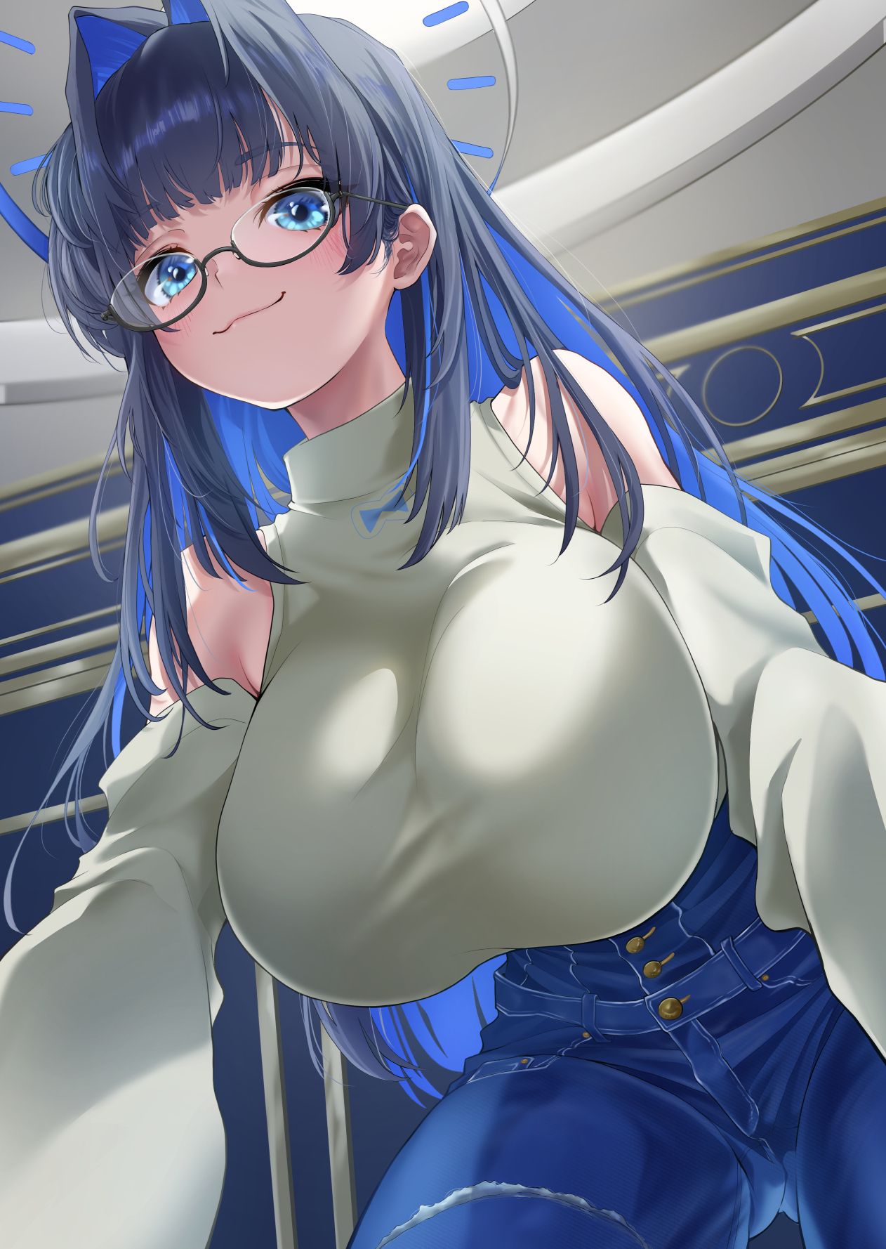 1girls, bangs, bare shoulders, big breasts, black-framed eyewear, blue eyes, blue hair, breasts, closed mouth, denim, eyebrows visible through hair, female, female only, glasses, hololive, hololive english, horns, huge breasts, long hair, looking at viewer, ouro kronii, pants, shirt, smile, solo, sweater, tagme, turtleneck, virtual youtuber
