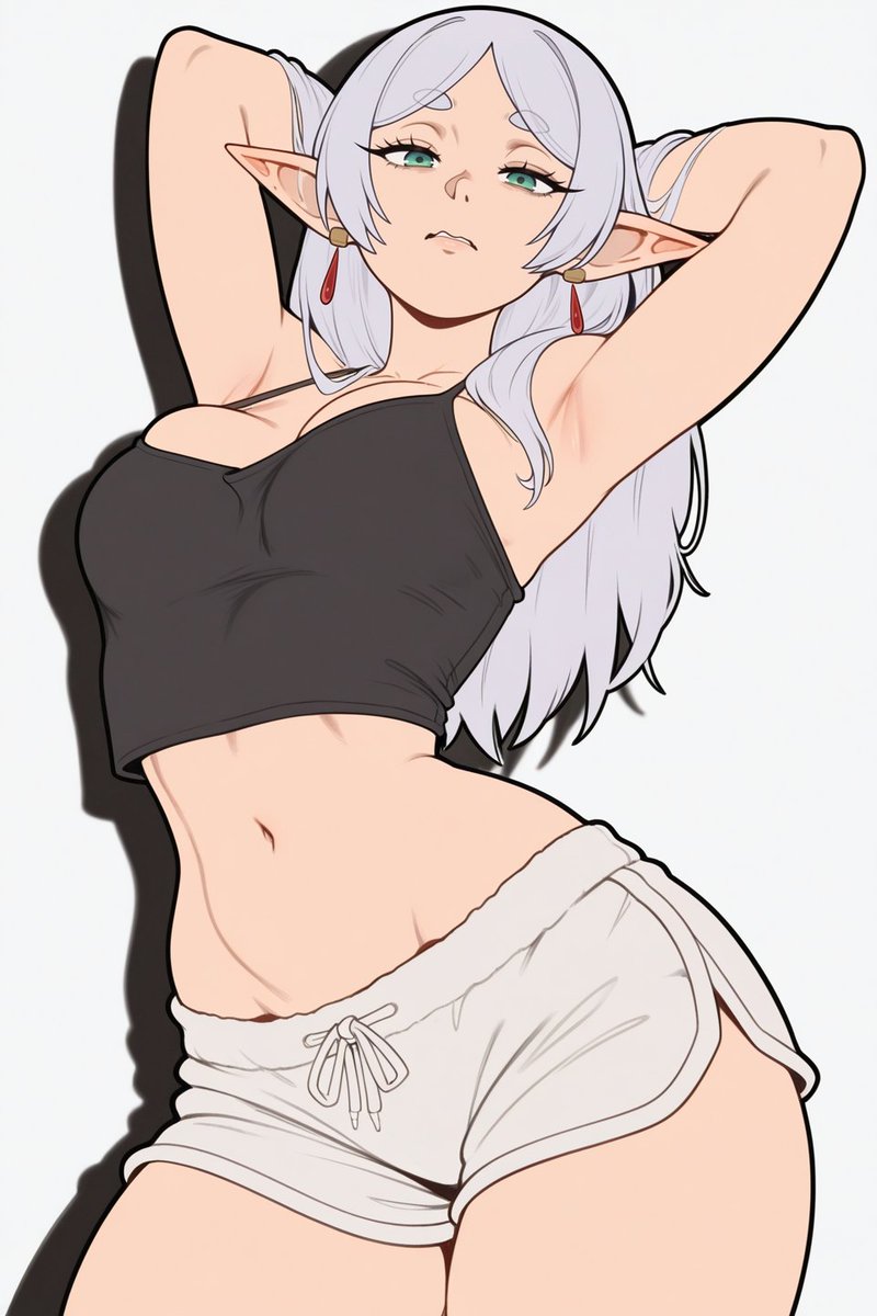 1girls, ai generated, big breasts, crop top, curvy, curvy figure, female, female only, frieren, frieren beyond journey's end, hands behind head, looking at viewer, midriff, short shorts, shorts, thick thighs, tummy, waifudiffus1on