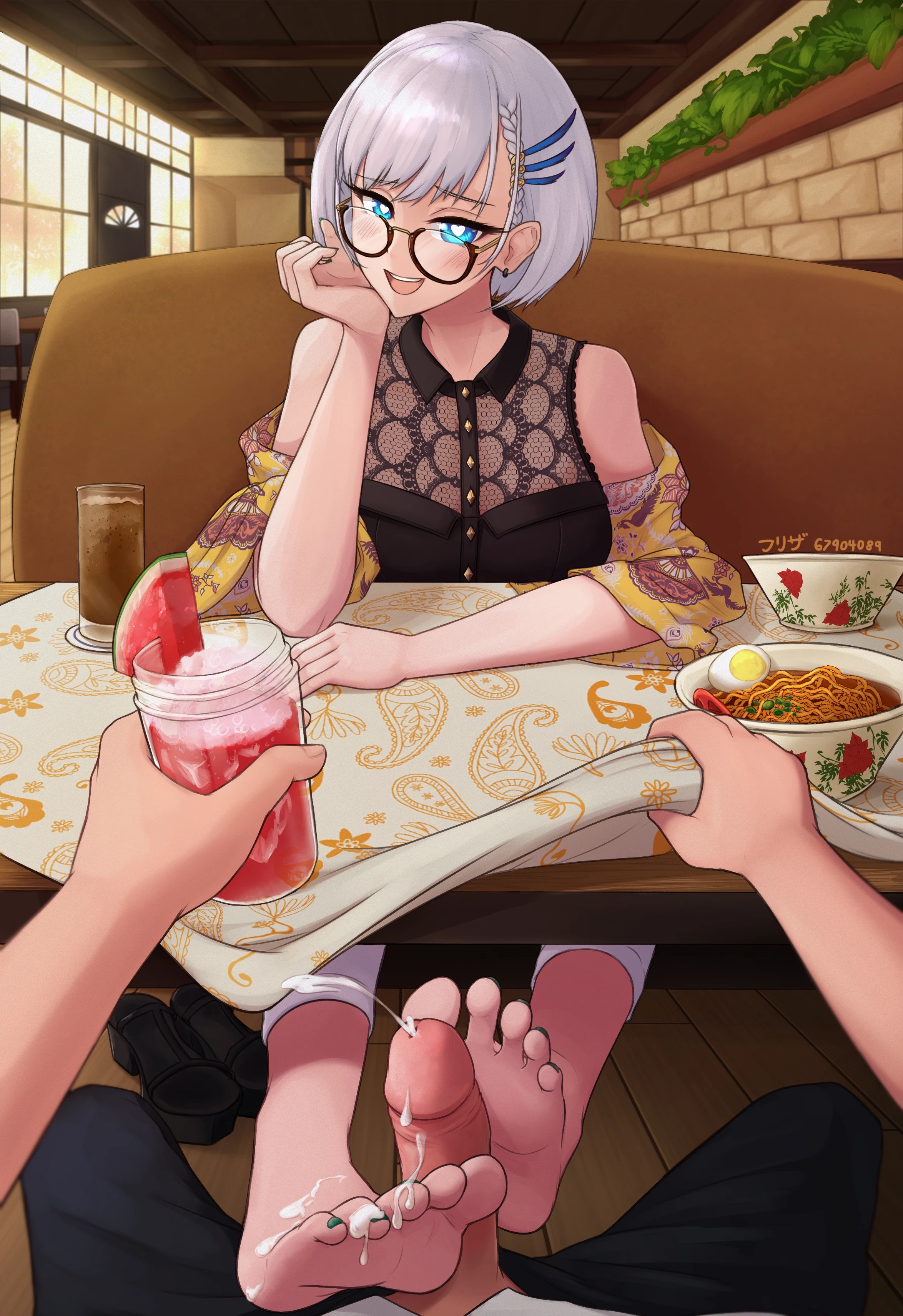 1boy, 1girls, absurdres, artist name, bare shoulders, barefoot, black pants, blue eyes, booth seating, bowl, braid, braided bangs, cafe, cum, cum on feet, cumshot, cup, date, dinner date, drinking glass, egg (food), ejaculation, enhibitionism, erection, feather hair ornament, feathers, feet, female, femdom, food, footjob, footjob under table, footprint on sandals, freezer (frzr/efreezerarts), fruit, green nails, green toenails, hair ornament, hand on own chin, hardboiled egg, heart, heart-shaped pupils, highres, holding, holding cup, hololive, hololive indonesia, hololive indonesia holoro, light skin, light-skinned female, light-skinned male, male, male pov, nail polish, noodles, official alternate costume, open mouth, pants, pavolia reine, penis, pov, ramen, sandals, sandals removed, short hair, silver hair, smile, solo focus, stealth sex, straight, tablecloth, toenail polish, toenails, two-footed footjob, uncensored, under the table, virtual youtuber, watermelon, white pants, yellow shawl