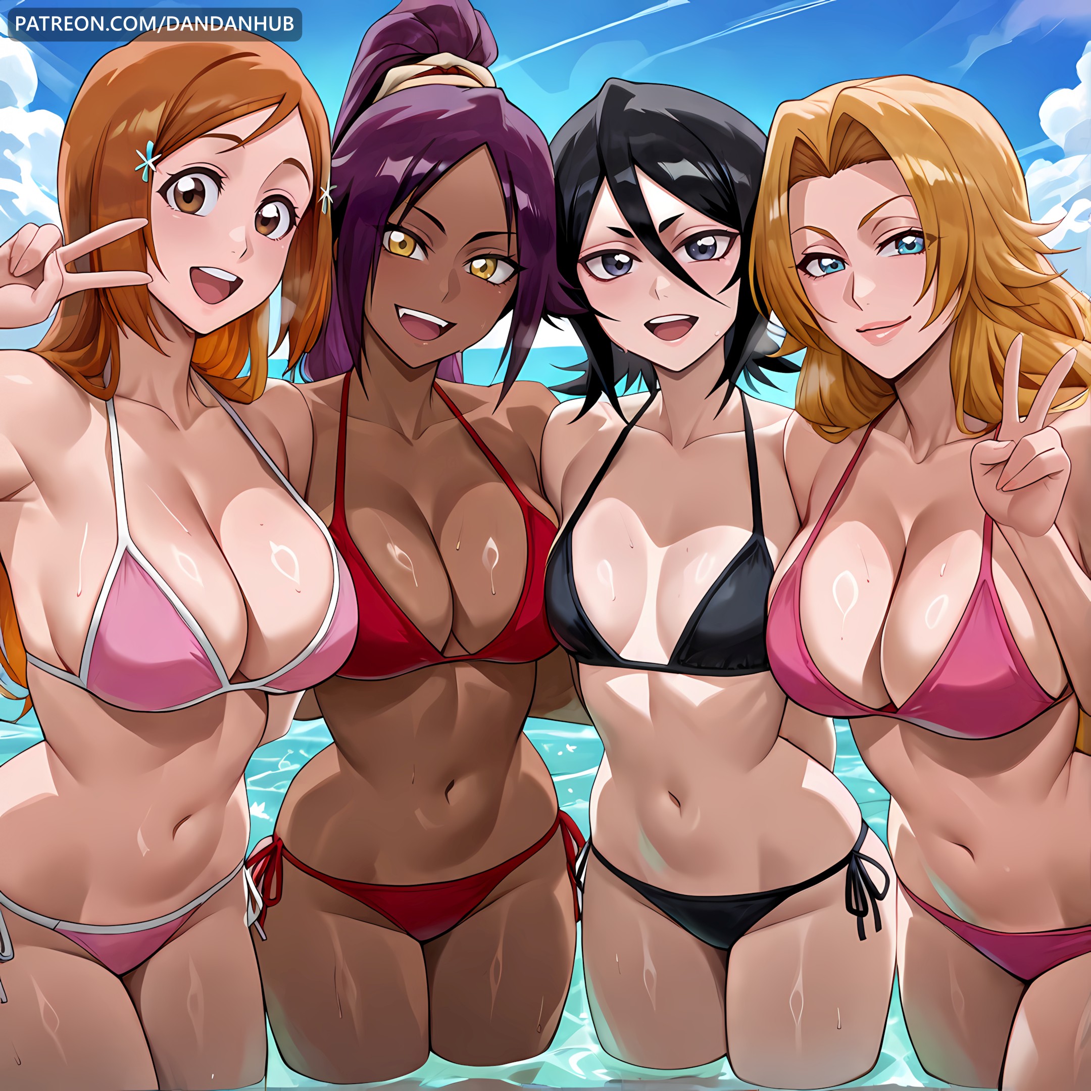 :d, 4girls, ai generated, arm behind back, arms behind back, bangs, bikini, black bikini, black hair, bleach, bleach: the thousand-year blood war, blonde hair, blue eyes, blue sky, breasts, brown eyes, cleavage, cloud, collarbone, dandanhub, dark skin, dark-skinned female, day, female, female only, hair between eyes, halterneck, inoue orihime, kuchiki rukia, large breasts, long hair, looking at viewer, matsumoto rangiku, mole, mole on breast, multiple girls, navel, ocean, open mouth, orange hair, outdoors, parted bangs, pink bikini, ponytail, purple hair, red bikini, shihouin yoruichi, side-tie bikini bottom, sky, small breasts, smile, string bikini, swimsuit, v, wading, water, watermark, wet, yellow eyes