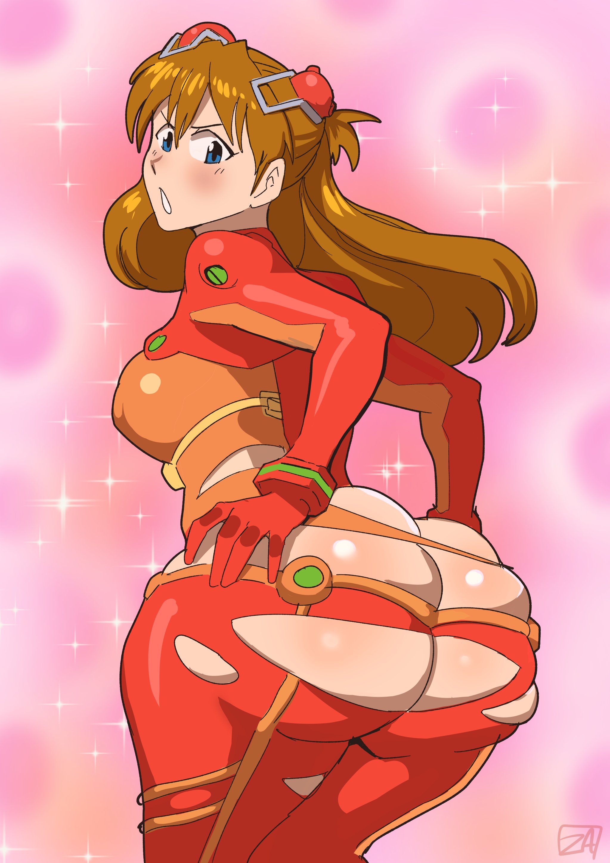 1girls, ass, ass cleavage, ass focus, asuka langley sohryu, big ass, blue eyes, blush, bodysuit, breasts, brown hair, bubble ass, bubble butt, clothing, female, female only, hair, hair ornament, huge ass, long hair, looking back, neon genesis evangelion, plugsuit, red bodysuit, ripped bodysuit, ripped clothing, side view, sideboob, solo, solo female, sparkles, too tight, wardrobe malfunction, zestysauce