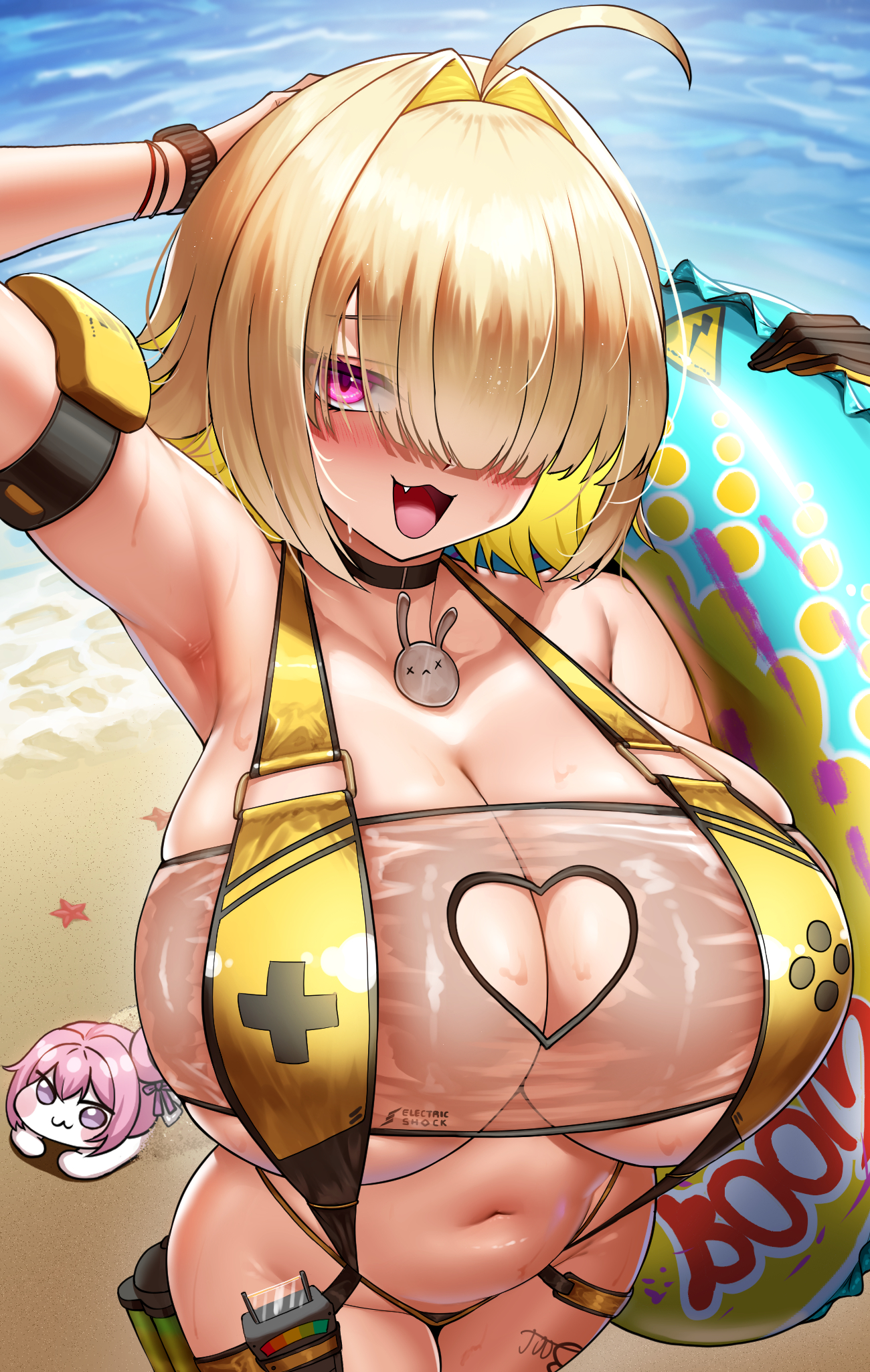 1girls, arm strap, armwear, beach, big breasts, blonde hair, blush, breast focus, breasts, cho!cho!, choker, cleavage, doro (nikke), elegg (boom and shock) (nikke), elegg (nikke), female, female focus, female only, goddess of victory: nikke, hair, hair over one eye, hand behind head, high-angle view, hips, holding object, huge breasts, innertube, large breasts, neckwear, official alternate costume, pink eyes, revealing clothes, skimpy, skimpy bikini, sling bikini, smile, solo focus, starfish, swimwear, thigh strap, tube, watch, wet, wet body, when you see it, yellow sling bikini