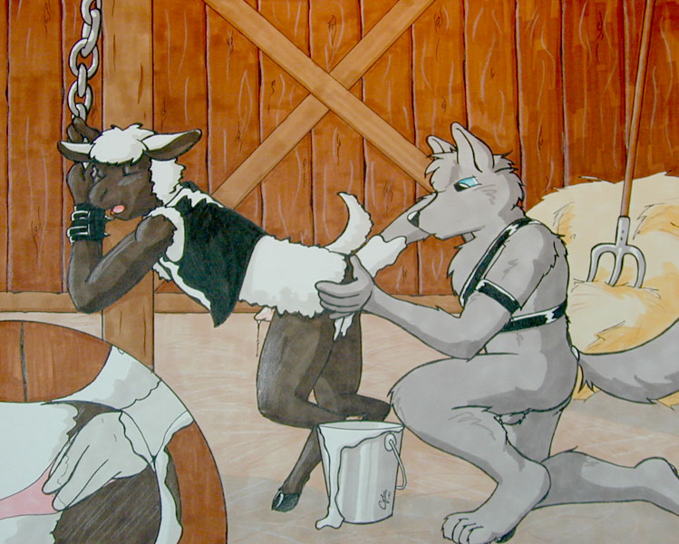 anal anthro balls barn blue_eyes bondage bound bucket canine chains closed_eyes cum dripping fisting fur furry guppy_(artist) hay haystack internal leather lube penis pitchfork sheep what wolf