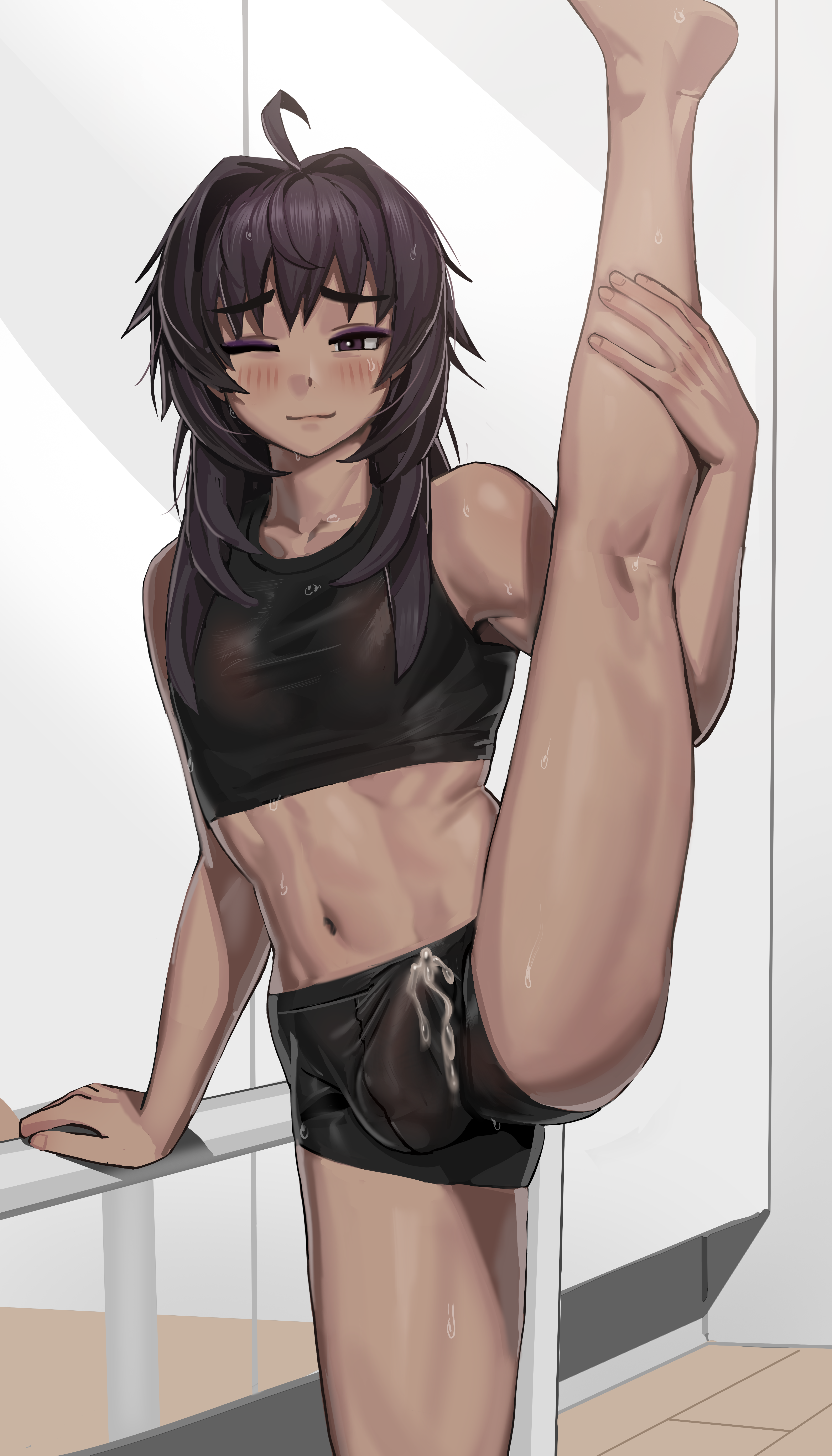 1boy, balls, balls outline, bulge, bulge through clothing, bulge under clothes, cum, cum through clothes, cum through clothing, dark skin, dark-skinned femboy, dark-skinned male, detailed bulge, ejaculation, ejaculation under clothes, erection, erection under clothes, femboy, gym, gym uniform, leg up, male, male only, otoko no ko, penis, penis outline, shorts, small penis, solo, solo male, sports bra, sportswear, stretching, trap, waia (pappe76024), yoga