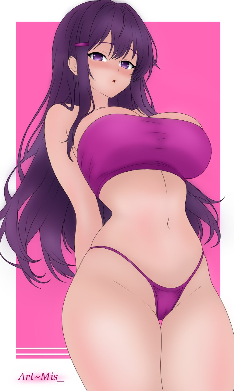 bikini, breasts, doki doki literature club, mis18art, purple eyes, purple hair, thighs, yuri (doki doki literature club)