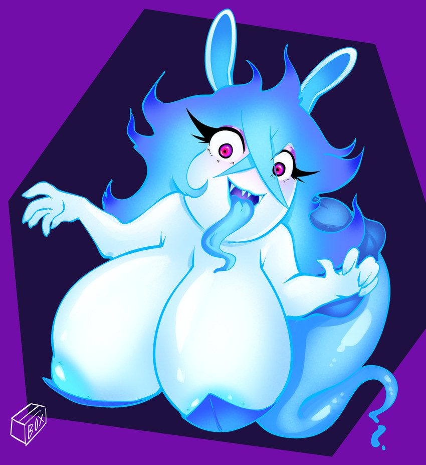 2022, anthro, big breasts, blue hair, blue tongue, box chan, breasts, cleavage, clothed, clothing, female, ghost, hair, hi res, huge breasts, lagomorph, long tongue, looking at viewer, mammal, mario (series), mario + rabbids, mario + rabbids: sparks of hope, mario plus rabbids sparks of hope, midnite (mario + rabbids), nintendo, nipple slip, rabbid, raving rabbids, rayman (series), solo, spirit, tongue, tongue out, ubisoft, white body, wide eyed