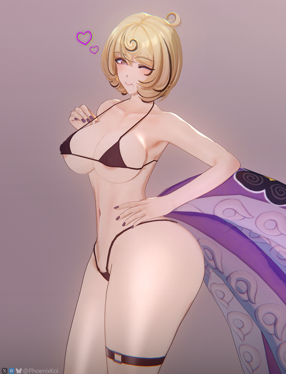 1girls, 3d, areola slip, big breasts, bikini, black highlights, blonde hair, blush, breasts, hearts around head, mole, mole under mouth, mostly nude, navel, octopus girl, phoenixkoi, purple eyes, purple nails, solo, tentacles, thigh strap, whitekoi, wink, yidhari murphy, zenless zone zero