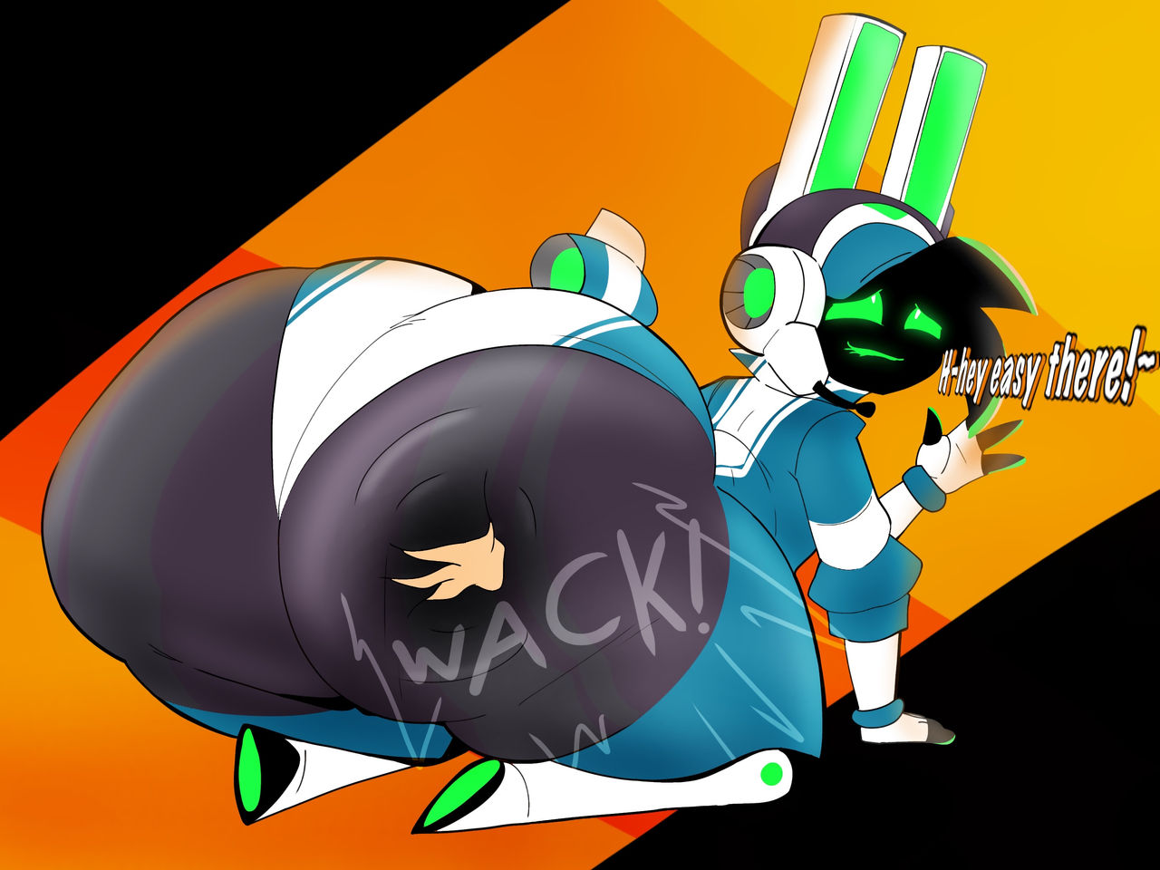 1girls, alternate version available, anthro, ass, biting lip, bunny, disembodied hand, female, female focus, female only, furry, green eyes, hips, hype ass, hyper, lagomorph, lagomorph humanoid, large ass, looking at viewer, metaruso, on knees, project turboblast, rabbit, robot, robot girl, robot humanoid, screen face, slapping ass, slapping butt, tempo (project turboblast), thick thighs, thighs, wide hips
