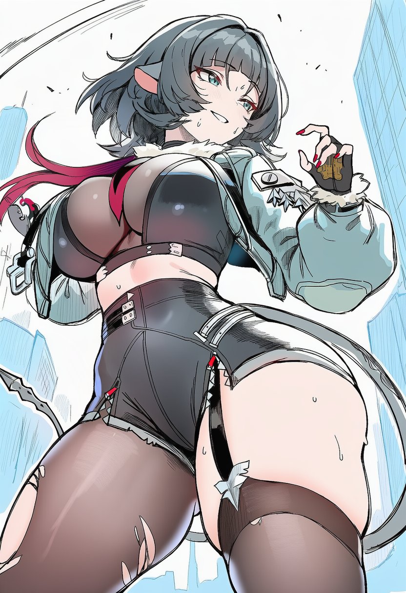 1girls, absurdres, ai generated, big breasts, black hair, black shirt, black shorts, blunt bangs, crop top, cropped jacket, female, female only, garter straps, green eyes, green jacket, high-waist shorts, highres, jacket, jane doe (zenless zone zero), jeje box, long hair, mouse girl, mouse tail, necktie, open clothes, open jacket, shirt, short shorts, shorts, solo, thick thighs, thighs, very long hair, zenless zone zero