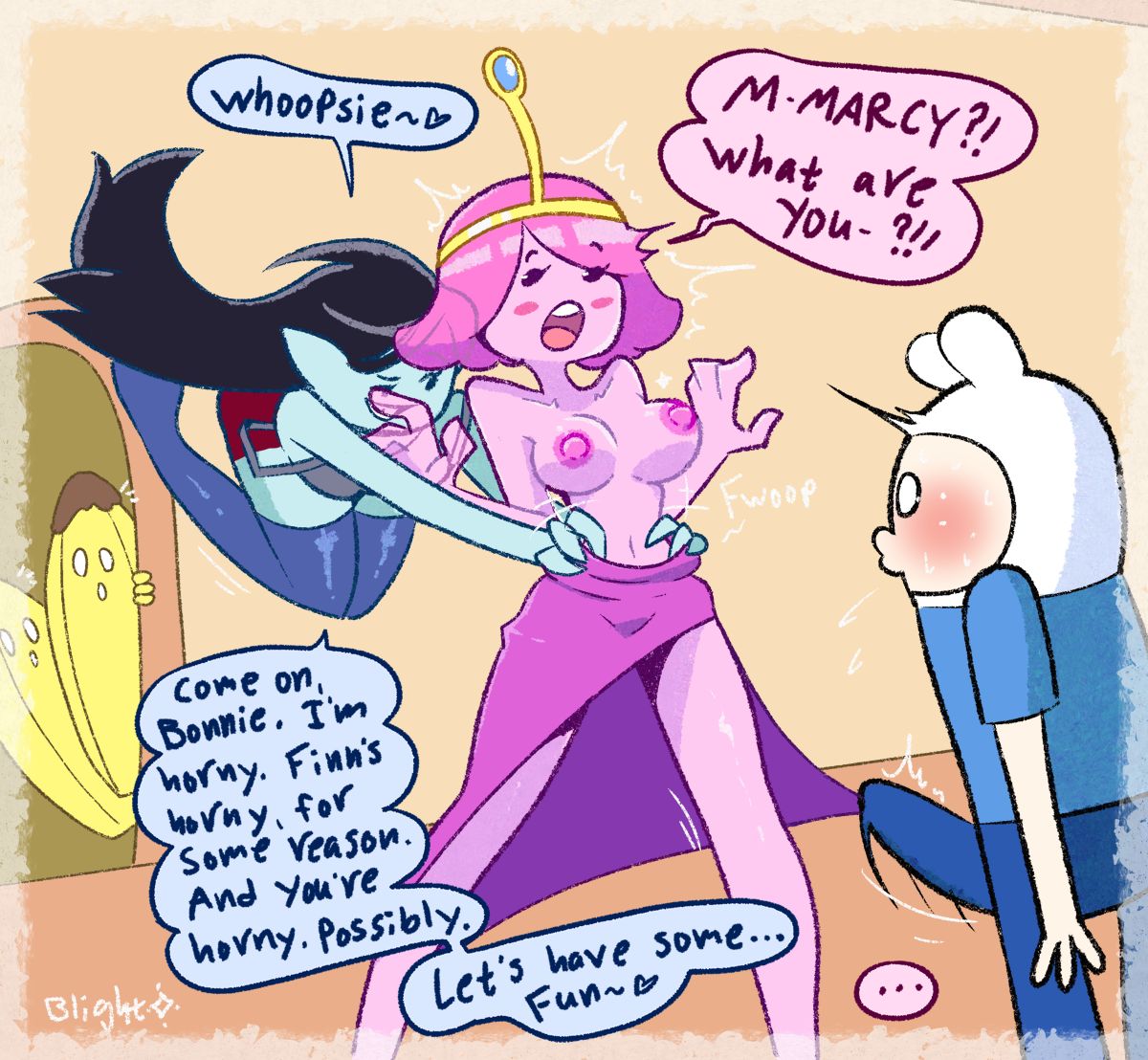 adventure time, assisted exposure, banana guard, blightstar, breasts, bulge through clothing, candy humanoid, canon couple, comic, dialogue, dress down, english text, erection, finn the human, flashing breasts, flying, forced exposure, human, male, marceline, medium breasts, nipples, pink body, princess bubblegum, royalty, sharking, shocked, skinny, slim, small breasts, speech bubble, standing, sudden erection, suddenly naked, suprised, text, unwanted exposure, vampire