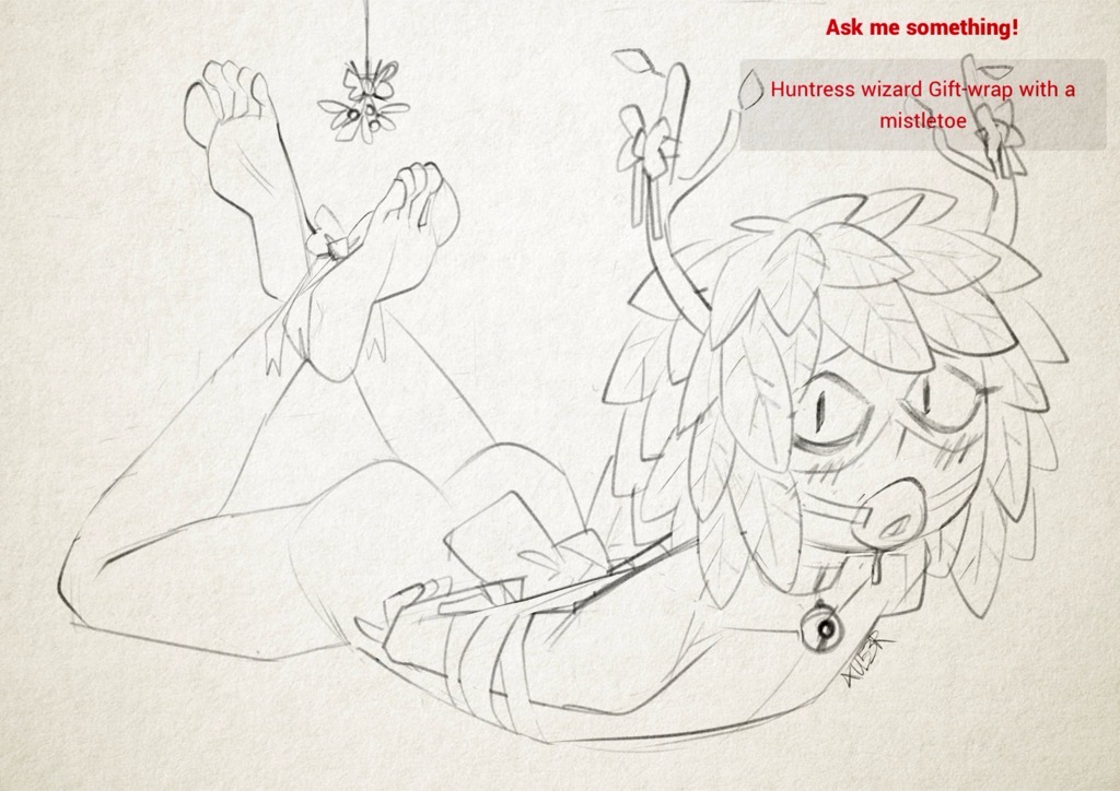2025, adventure time, blush, blushing, bound, bound arms, bound legs, bound together, cartoon network, christmas, gagged, huntress wizard, looking at viewer, mistletoe, nude, request, sketch, solo, tagme, tied, tied up, xu53r