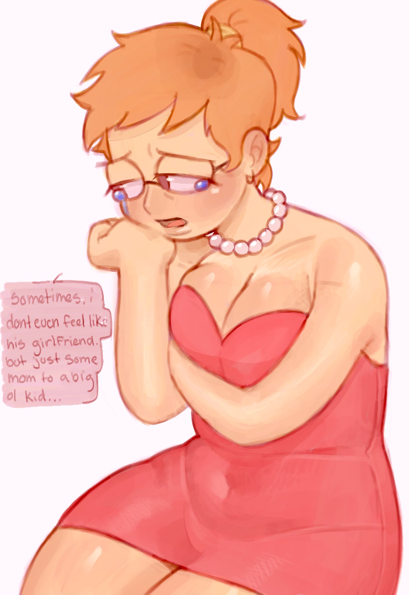 breasts, cleavage, crying, glasses, necklace, ponytail, red dress, red hair, sad, smiling friends, text, text bubble, thick thighs, zoey (smiling friends)
