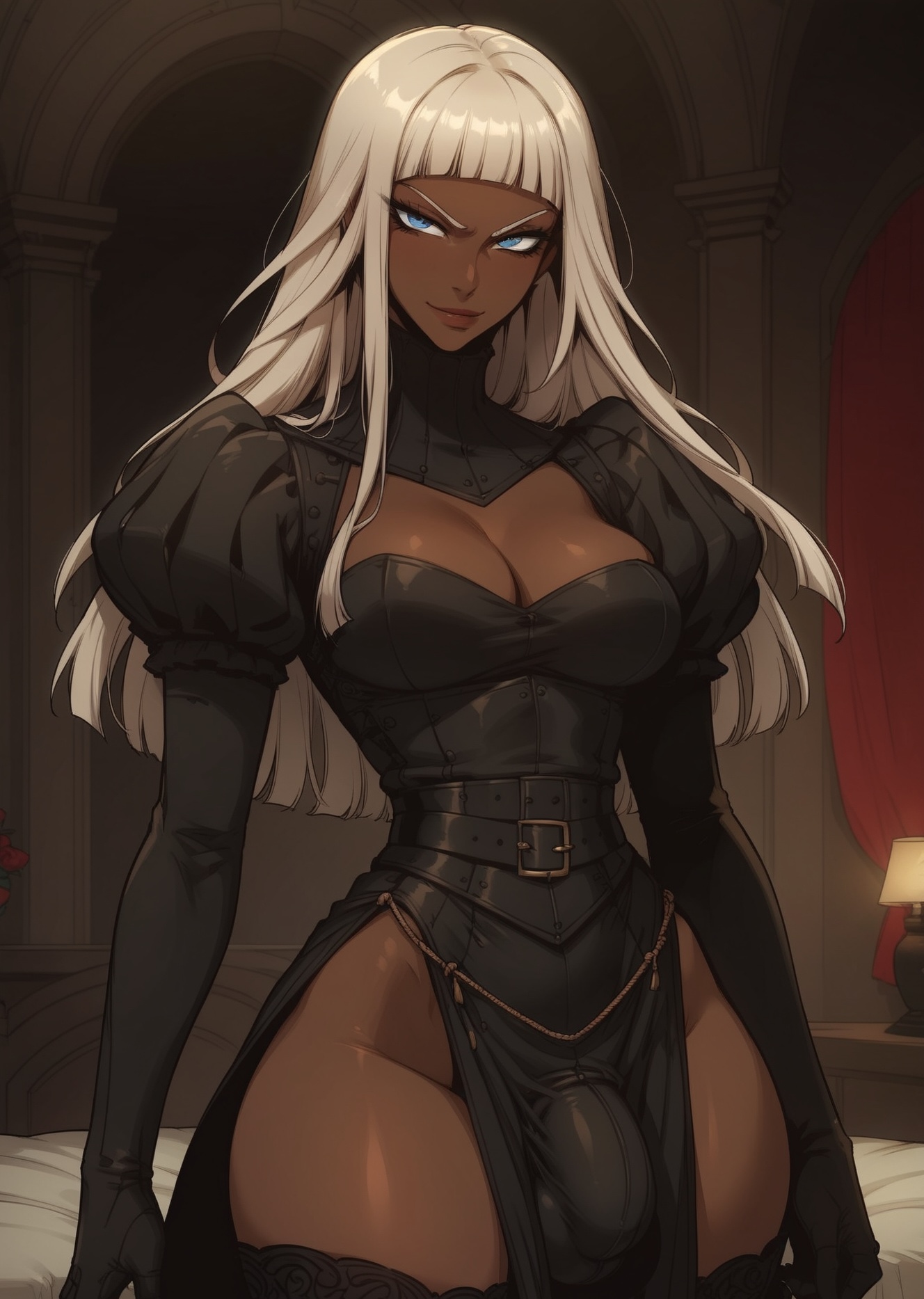1futa, 1futanari, ai generated, ass, bangs, big ass, big breasts, big butt, big hips, big penis, black eyeshadow, black lip, black lips, black lipstick, black makeup, blue eyes, breasts, character request, cleavage, clothed, clothing, dark skin, dark-skinned female, dark-skinned futa, dick, dickgirl, doom breaker, eyebrows, eyelashes, futa only, futanari, goth, goth futa, goth girl, goth makeup, gothic, gothic girl, gothified, grin, grinning, grinning at viewer, hair, hands-free, hime cut, huge cock, indoors, latex, lips, long hair, looking at viewer, makeup, narrow waist, narrowed eyes, nose, ophelia (doom breaker), penis, seducing, seductive, seductive eyes, seductive gaze, seductive look, seductive mouth, seductive pose, seductive smile, silver hair, smile, smile at viewer, smiley face, smooth balls, smooth penis, smooth skin, solo, solo dickgirl, solo focus, solo futa, solo futanari, testicles, velonix, webtoon, white hair