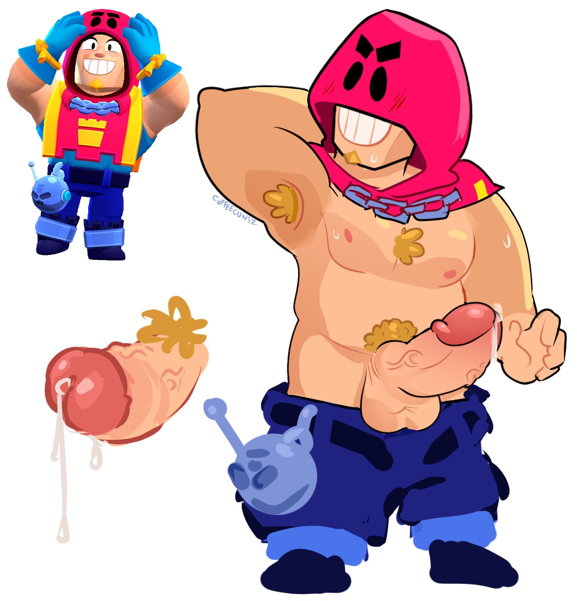 1boy, 2025, armpit, armpit hair, balls, bara, bear (body type), belly., body hair, brawl stars, chest hair, coffeecuntz, cum, cum drip, cum dripping, gay, grom (brawl stars), hairy, hairy male, hood, muscular, muscular male, pants, pants down, penis, penis vein, pubes, pubic hair, scrotum, smile, smiling, solo, standing, sweatdrop, testicles, veiny, veiny penis, white background, yaoi