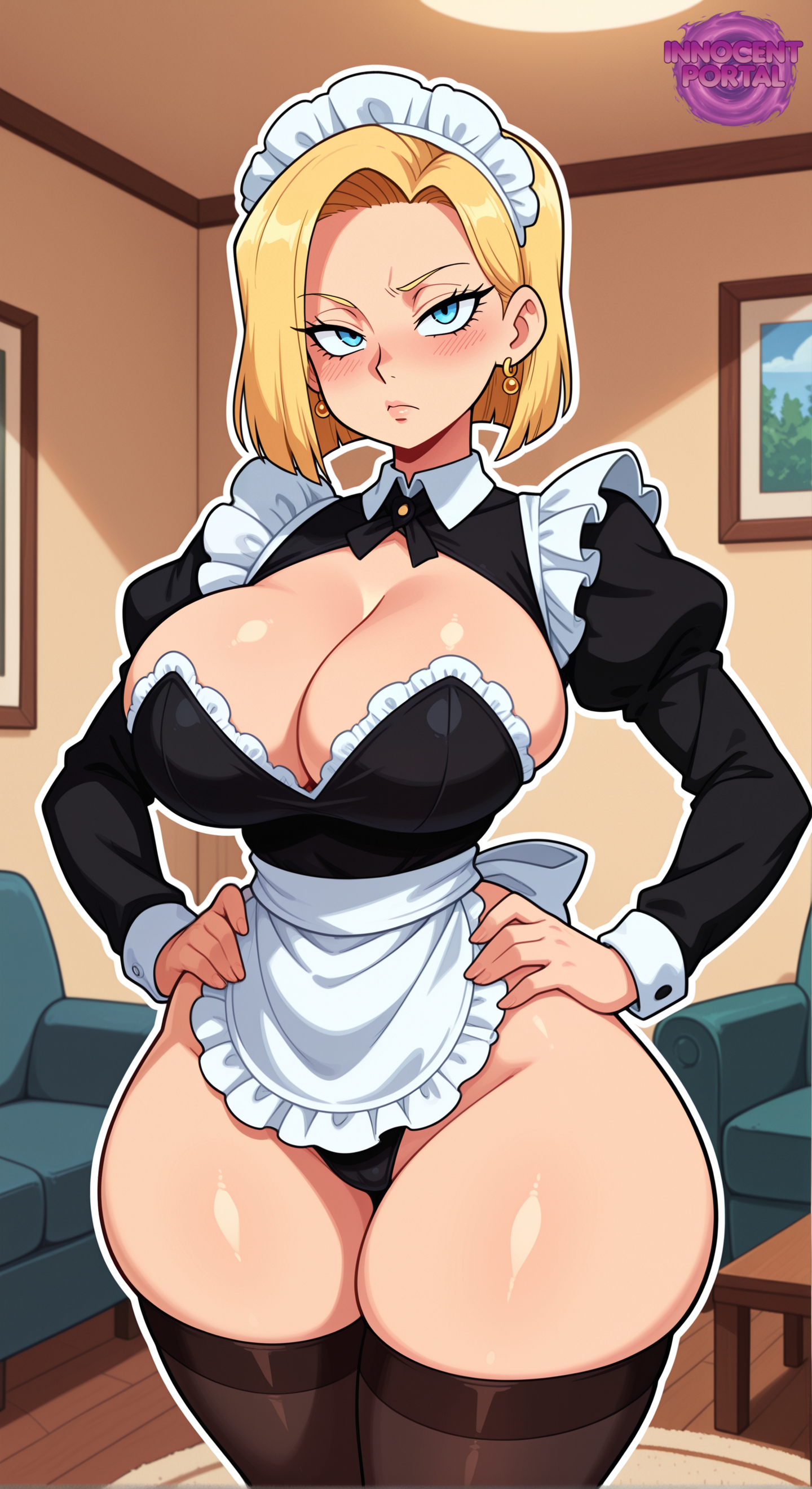 ai generated, android 18, big breasts, black thigh highs, black thighhighs, blonde female, blonde hair, blonde-haired female, blue eyes, blush, blush lines, blushing at viewer, breasts, child bearing hips, cleavage, dragon ball, dragon ball super, dragon ball z, earrings, female, hands on hips, hips, jorgecarlosai, living room, maid, maid apron, maid headdress, maid outfit, maid uniform, mature, mature female, mature woman, milf, mommy, mommy kink, sexy, short dress, short hair, standing, thick, thick hips, thick thighs, thigh highs, thighhighs, thighs, toned, underwear, visible panties, visible underwear, waifu, watermark, wide hips, wide thighs