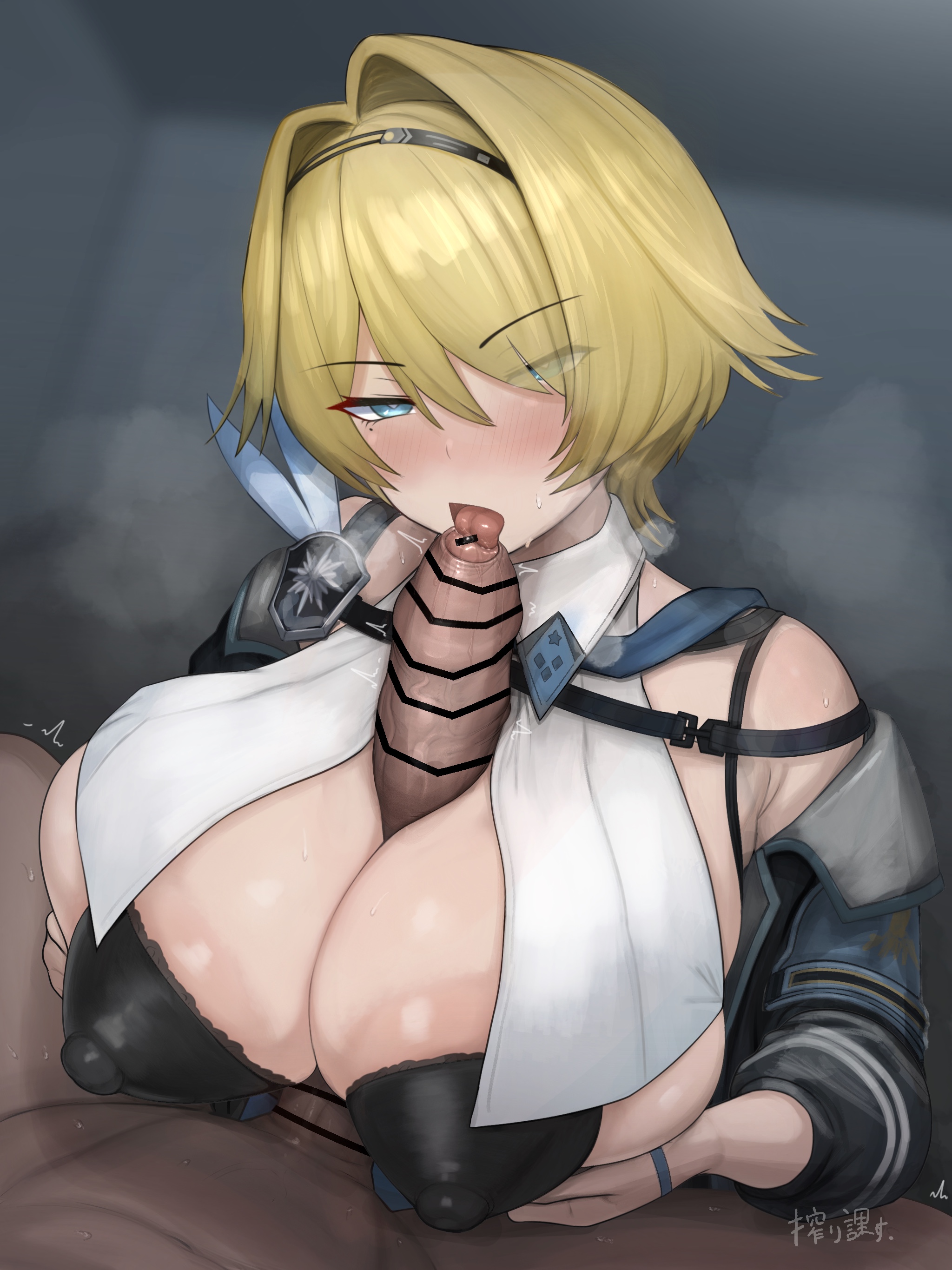 1boy, 1girls, areola slip, areolae, armpit crease, big breasts, blonde hair, blowjob, blue eyes, blush, boobjob, breasts, breasts squeezed together, censor bar, censored, cleavage, clothing, collared shirt, covered nipples, dark-skinned male, fellatio, female, girls' frontline, girls' frontline 2: exilium, hairband, heavy breathing, jacket, large breasts, licking penis, light-skinned female, looking at viewer, male, mole, mole under eye, nikketa (girls' frontline 2), nipples, open mouth, paizuri, pasties, penis, shibori kasu, short hair, sweat, sweatdrop, titfuck, titjob, tongue, tongue out, vsk-94 (girls' frontline)