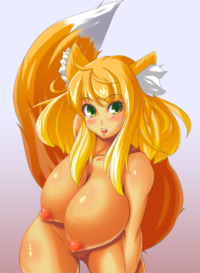 animal_ears blonde_hair blush breasts fox_ears fox_tail green_eyes huge_breasts nipples nude pussy tail umigarasu_(magipro)