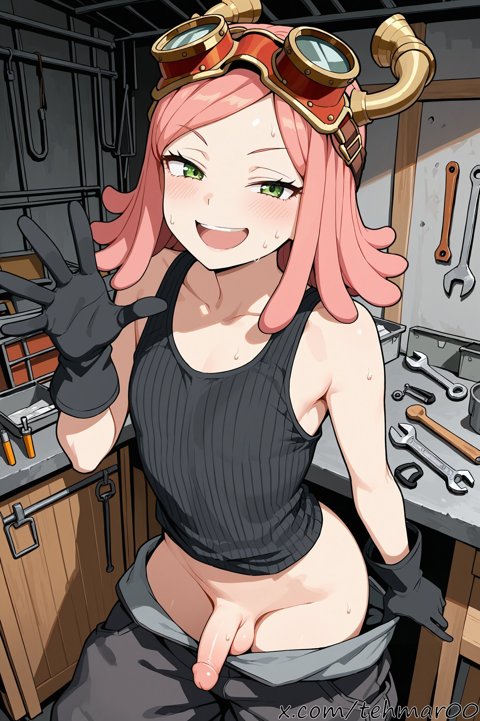 1boy, ai generated, bare shoulders, black gloves, blush, boku no hero academia, clothes pull, femboy, genderswap (ftm), gloves, goggles, goggles on head, green eyes, hatsume mei, indoors, light-skinned male, looking at viewer, male, male only, medium hair, mei hatsume, my hero academia, open mouth, pants, pants pull, penis, pink hair, rule 63, smile, solo, sweat, table, tagme, tank top, tehmar, testicles, trans woman, transfem, trap, workshop, wrench