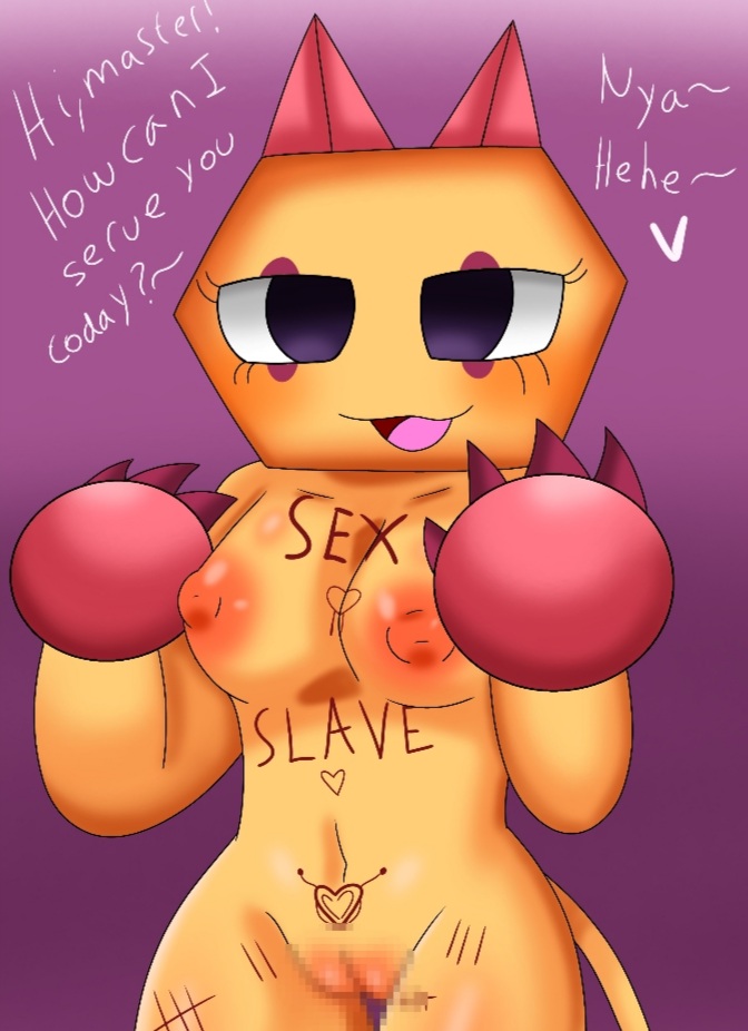 anthropomorphic, dandy's world, dialogue, feline, furry, humanoid, lemon waifu, monster, neko, non-human, roblox, scraps (dandy's world), sex slave, tagme, tatoos, text, writing on body