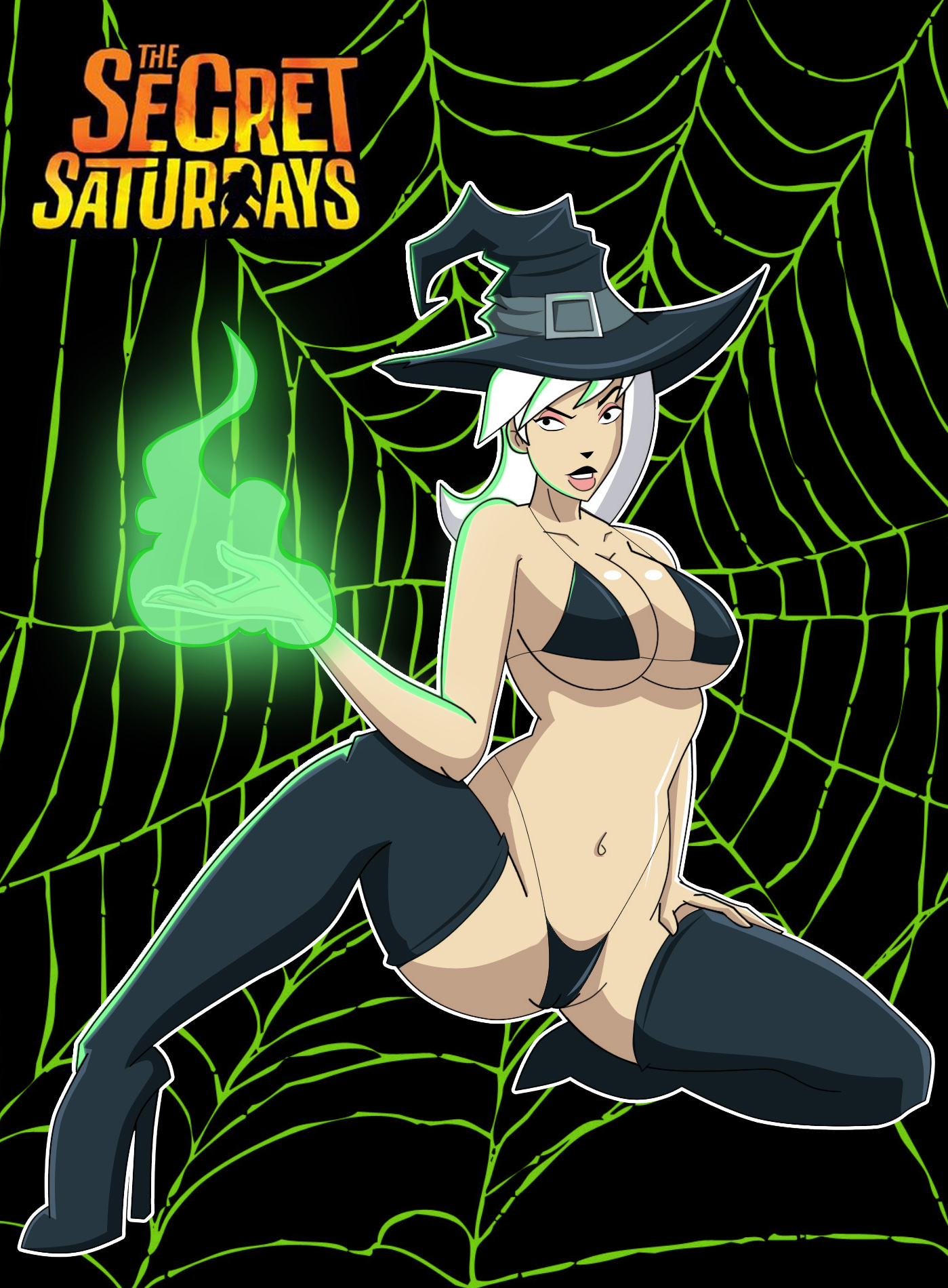 1girls, 2011, 2d, 2d (artwork), background pattern, big breasts, bikini, black bikini, black eyes, breasts, cameltoe, drew saturday, energy, english text, female, female protagonist, full body, grimphantom, heroine, magic, married female, mature female, milf, no sex, powers, pussy, questionable, spider web, squatting, text, the secret saturdays, thighhighs, thong, web, white hair