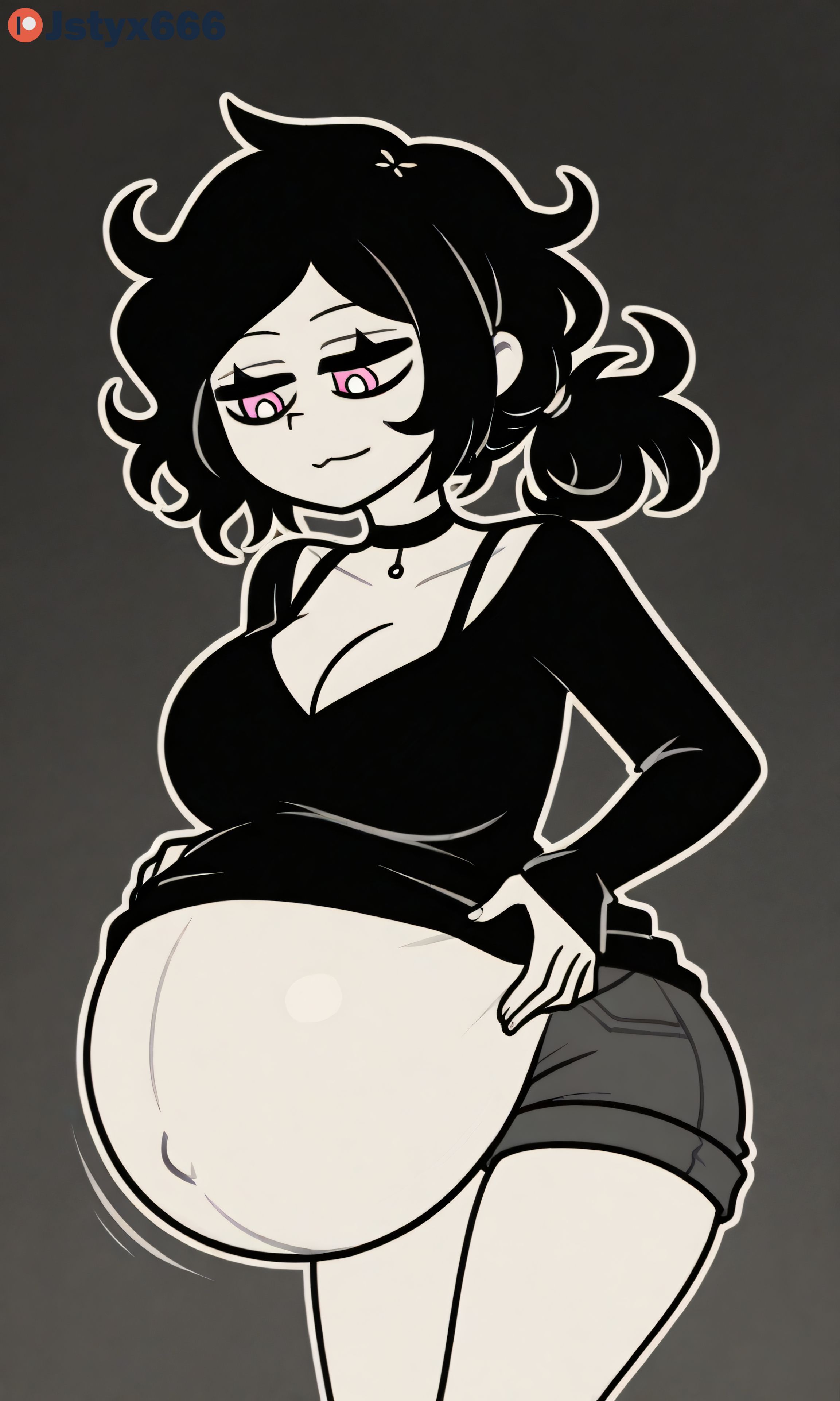 ai generated, ashley graves, belly overhang, black hair, black hair female, breasts, enjoying pregnancy, female, jstyx666, looking at belly, pregnant, pregnant belly, pregnant female, solo, the coffin of andy and leyley
