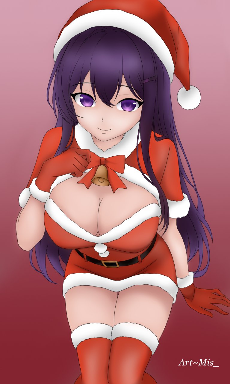 breasts, cleavage, doki doki literature club, mis18art, purple eyes, purple hair, santa costume, santa hat, thighs, yuri (doki doki literature club)