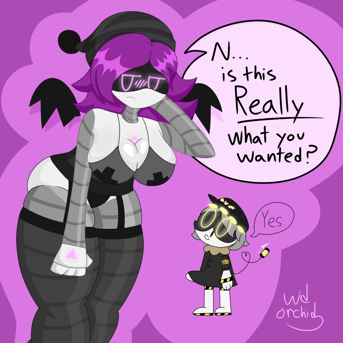 artist request, boner, boner in pants, murder drones, n (murder drones), robot boy, robot girl, straight, tagme, thigh strap, uzi (murder drones)