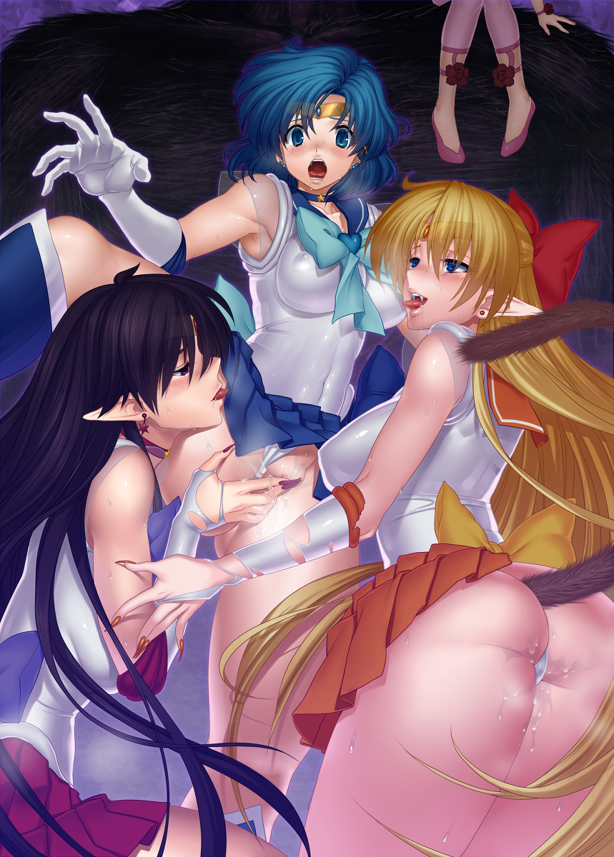 4girls ami_mizuno ass bishoujo_senshi_sailor_moon blush bow castella clothing earrings erect_nipples fangs female female_only fingering human large_breasts minako_aino multiple_females multiple_girls nail_polish panties pointy_ears pussy rei_hino sailor_mars sailor_mercury sailor_venus skirt small_breasts tail threesome yuri