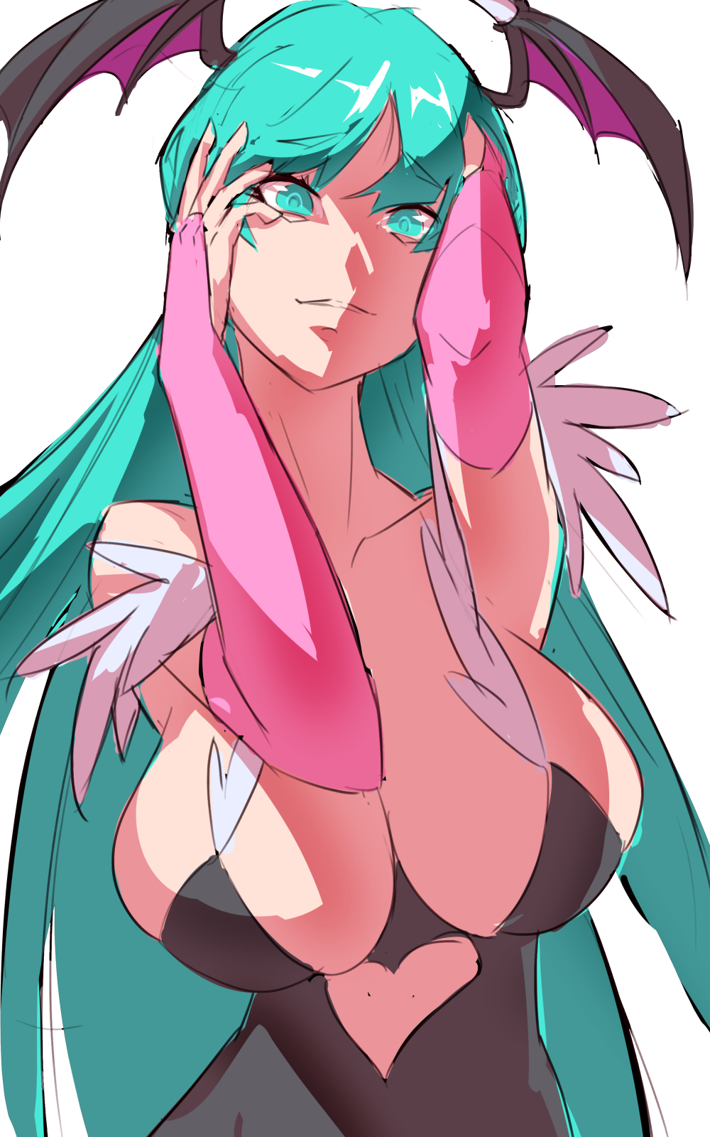 1girls, 2025, arms up, big breasts, blue eyes, blue hair, breasts, clothing, darkstalkers, demon, demon girl, demon wings, female, female focus, female only, head wings, hi res, highleg, highleg leotard, highres, large breasts, long hair, looking at viewer, morrigan aensland, shaded face, simple background, smile, solo, solo female, succubus, ura dora, vampire (game), white background